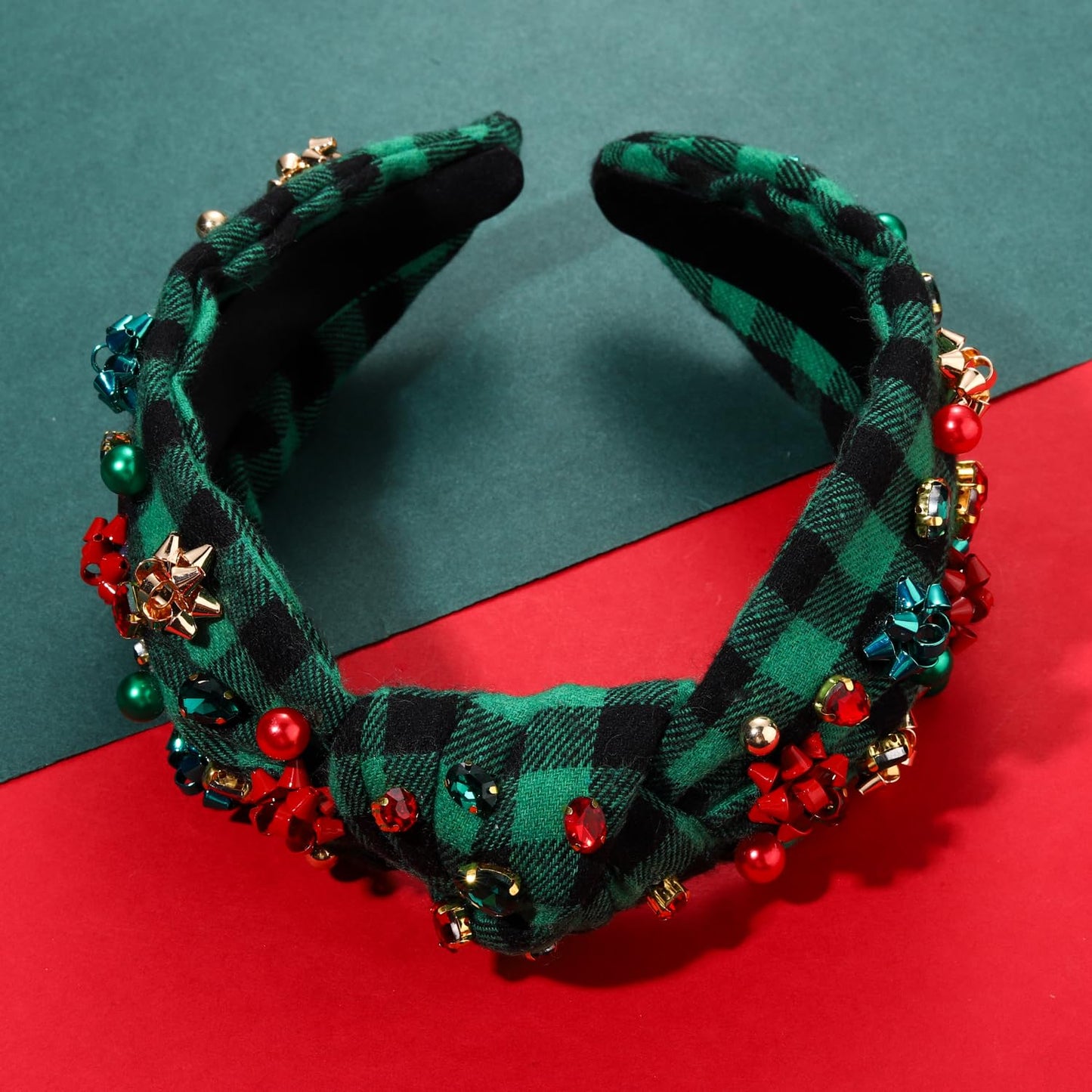 NVENF Jeweled Plaid Headband with Embellished Crystals and Pearls - Knotted Wide Top Knot Hair Accessory for Women, Holiday Outfits & Gifts