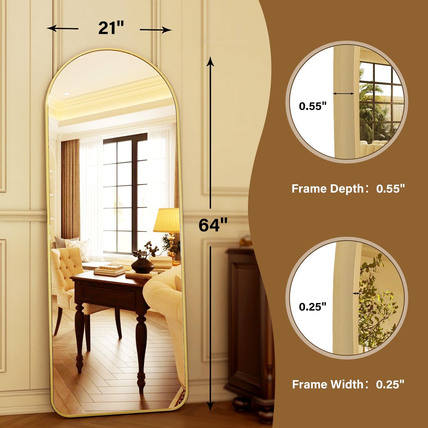 HARRITPURE 64"x21" Arched Full Length Mirror Free Standing Leaning Mirror Hanging Mounted Mirror Aluminum Frame Modern Simple Home Decor for Living Room Bedroom Cloakroom, Gold