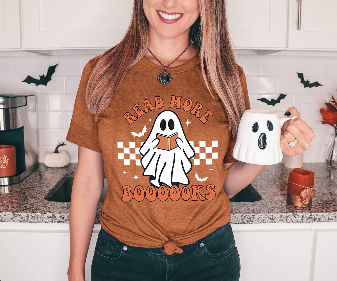 Halloween Teacher Shirts for Women Groovy Read More Books Ghost T-Shirt Short Sleeve Halloween Party Tee Tops