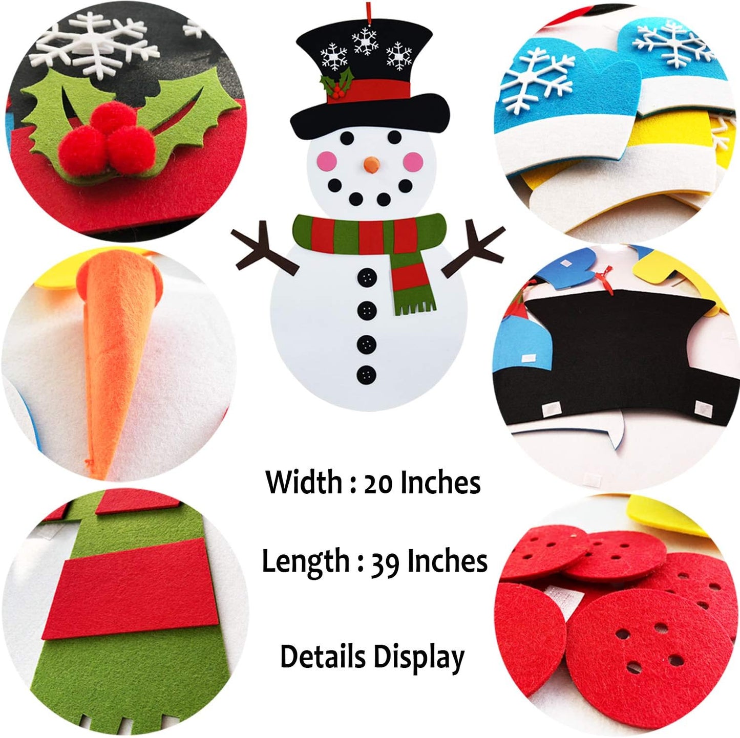 Fayoo DIY Felt Christmas Snowman Games Set with 37 pcs Detachable Ornaments, Xmas Gifts for Kids Christmas Door Wall Hanging Decor Home Decorations, 20 x 39 Inch (Snowman)