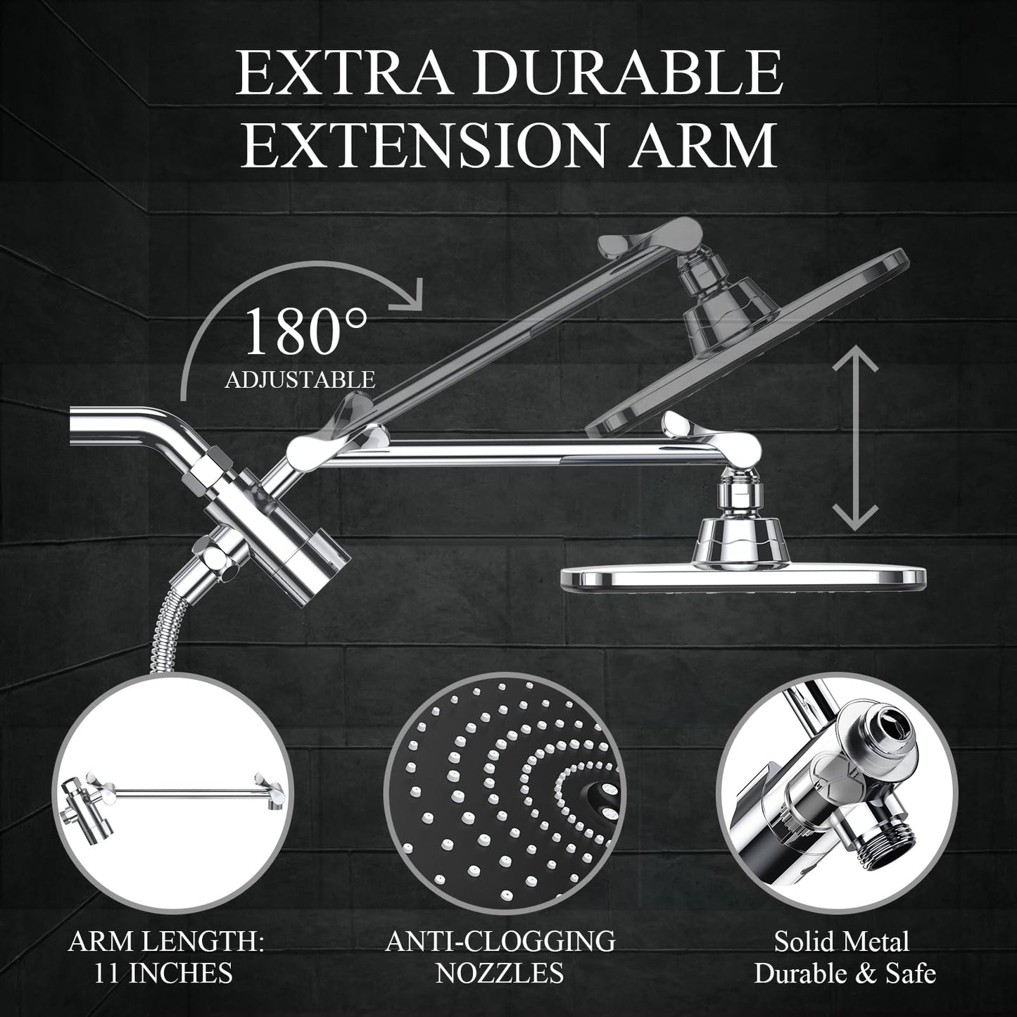 Veken 11.8 Inch Rectangle High Pressure Rain Shower Head Combo with Extension Arm- Wide Showerhead with 5 Handheld Water Spray - Adjustable Dual Showerhead with Anti-Clog Nozzles - Silver Chrome