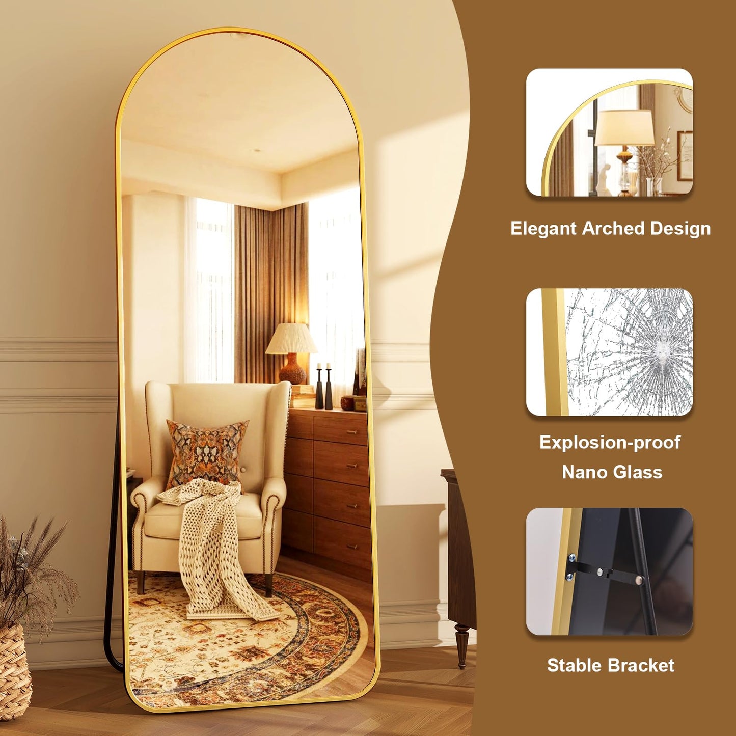 HARRITPURE 64"x21" Arched Full Length Mirror Free Standing Leaning Mirror Hanging Mounted Mirror Aluminum Frame Modern Simple Home Decor for Living Room Bedroom Cloakroom, Gold