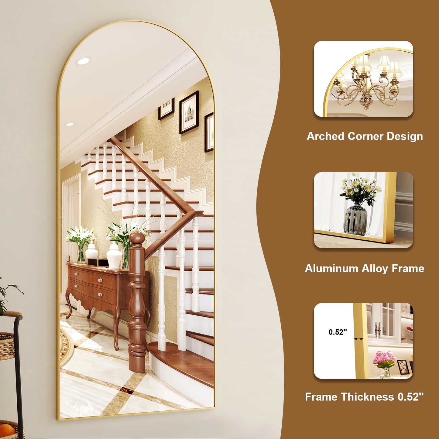 HARRITPURE 64"x21" Arched Full Length Mirror Free Standing Leaning Mirror Hanging Mounted Mirror Aluminum Frame Modern Simple Home Decor for Living Room Bedroom Cloakroom, Gold