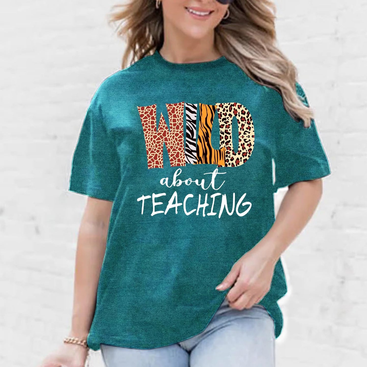Womens Teacher Shirts Wild About Teaching Leopard Print T-Shirt Teacher Life Tee Top