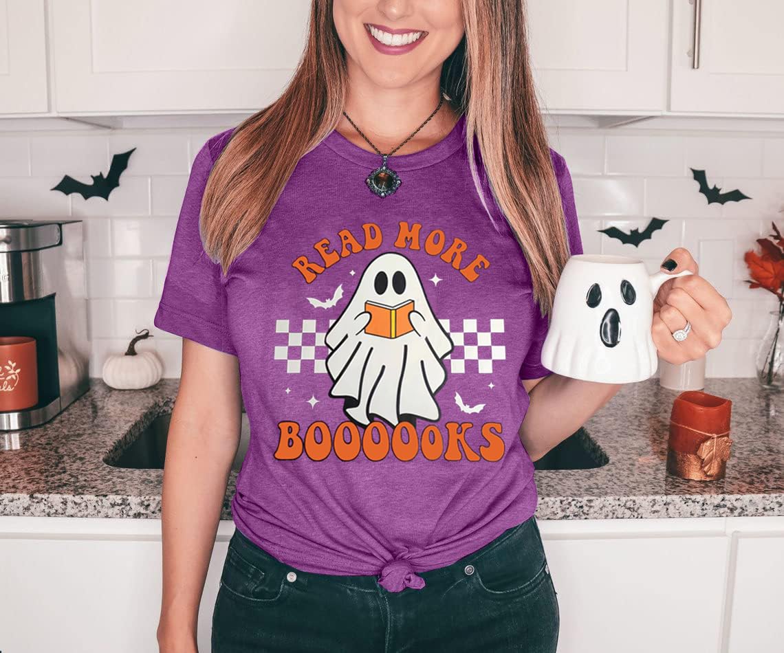 Halloween Teacher Shirts for Women Groovy Read More Books Ghost T-Shirt Short Sleeve Halloween Party Tee Tops