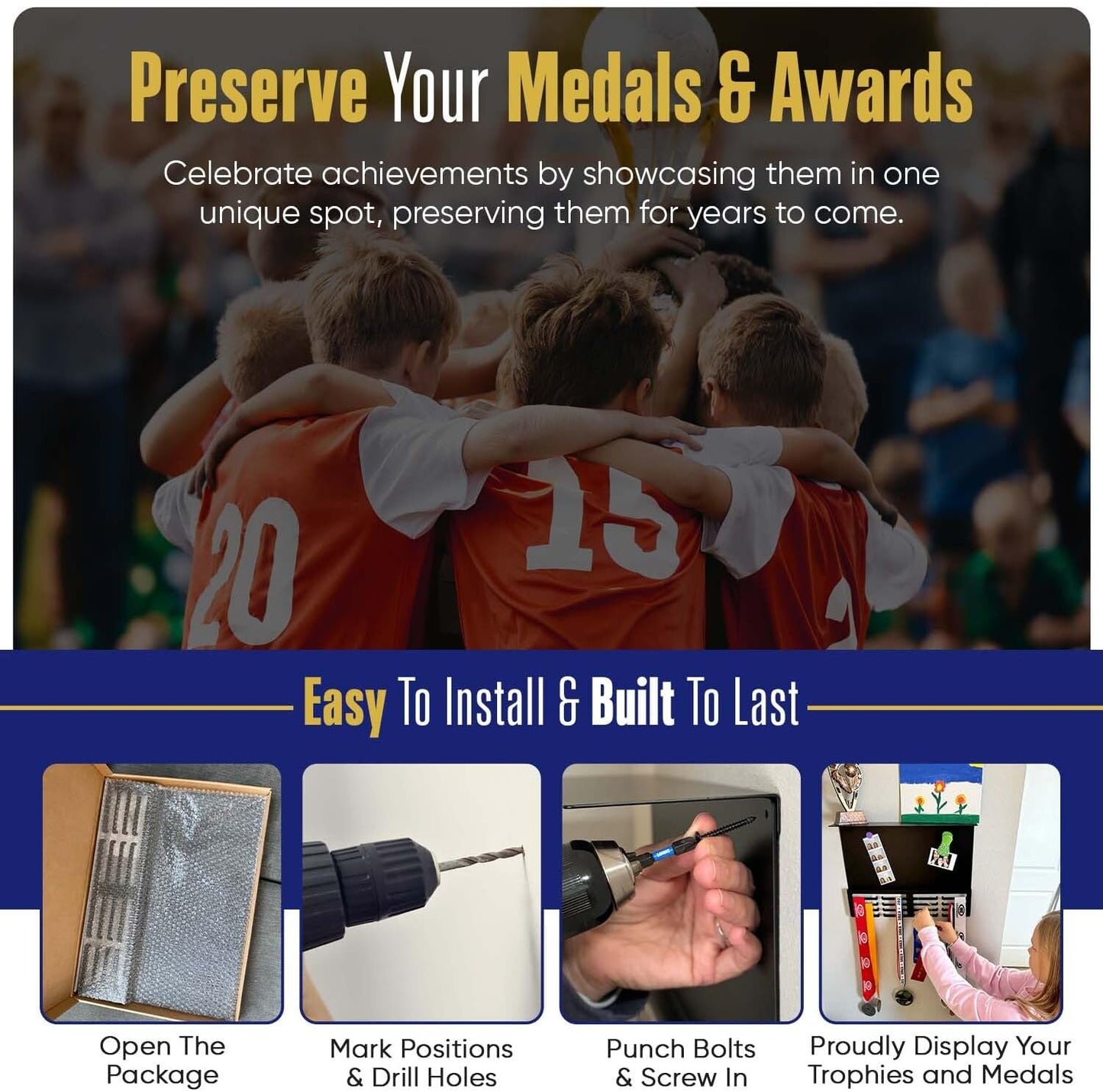 Medal Hanger Display with Trophy Shelf | 16.5" Premium Medal Holder for Wall | Metal Display Hanger | Magnetic Photo and Memorabilia Medals Display Area | Kids Medal Display for 48+ | Perfect for Gift