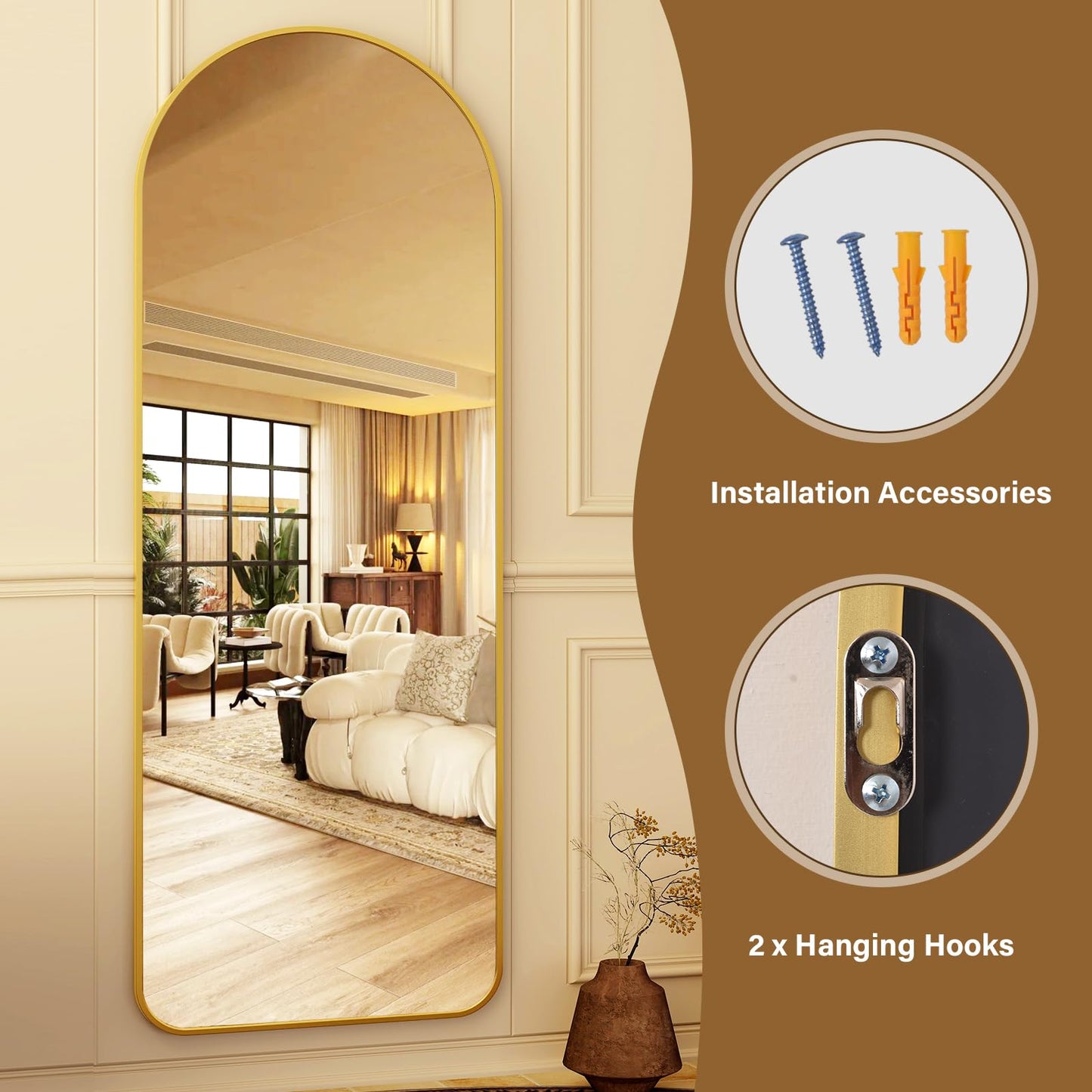 HARRITPURE 64"x21" Arched Full Length Mirror Free Standing Leaning Mirror Hanging Mounted Mirror Aluminum Frame Modern Simple Home Decor for Living Room Bedroom Cloakroom, Gold