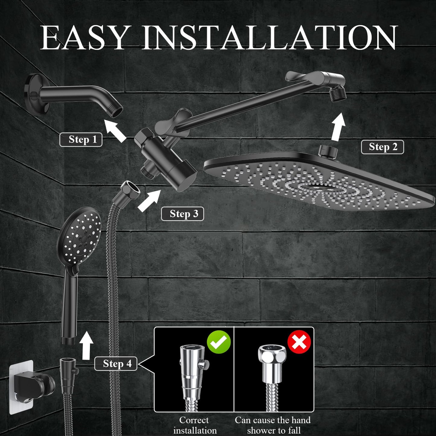Veken 11.8 Inch Rectangle High Pressure Rain Shower Head Combo with Extension Arm- Wide Showerhead with 5 Handheld Water Spray - Adjustable Dual Showerhead with Anti-Clog Nozzles - Silver Chrome