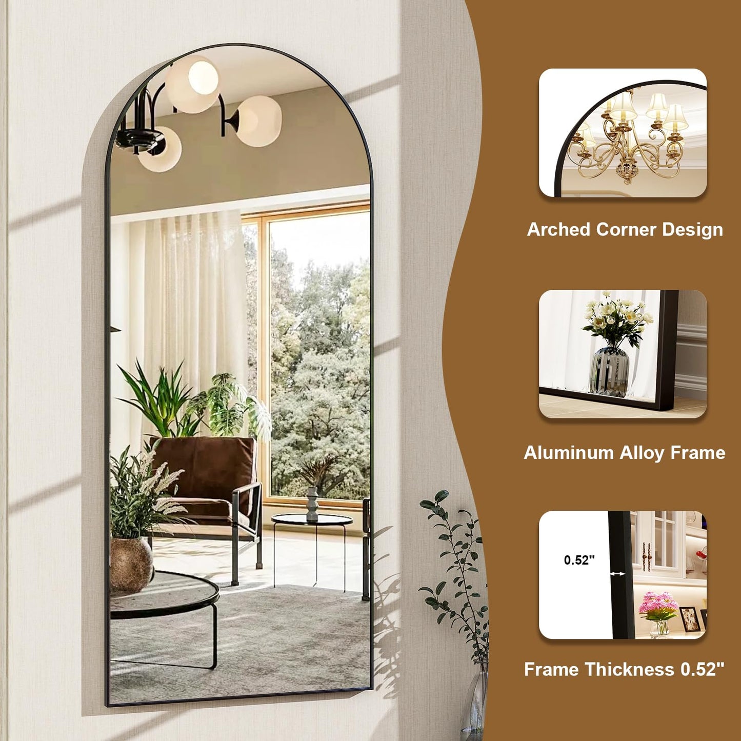 HARRITPURE 64"x21" Arched Full Length Mirror Free Standing Leaning Mirror Hanging Mounted Mirror Aluminum Frame Modern Simple Home Decor for Living Room Bedroom Cloakroom, Gold