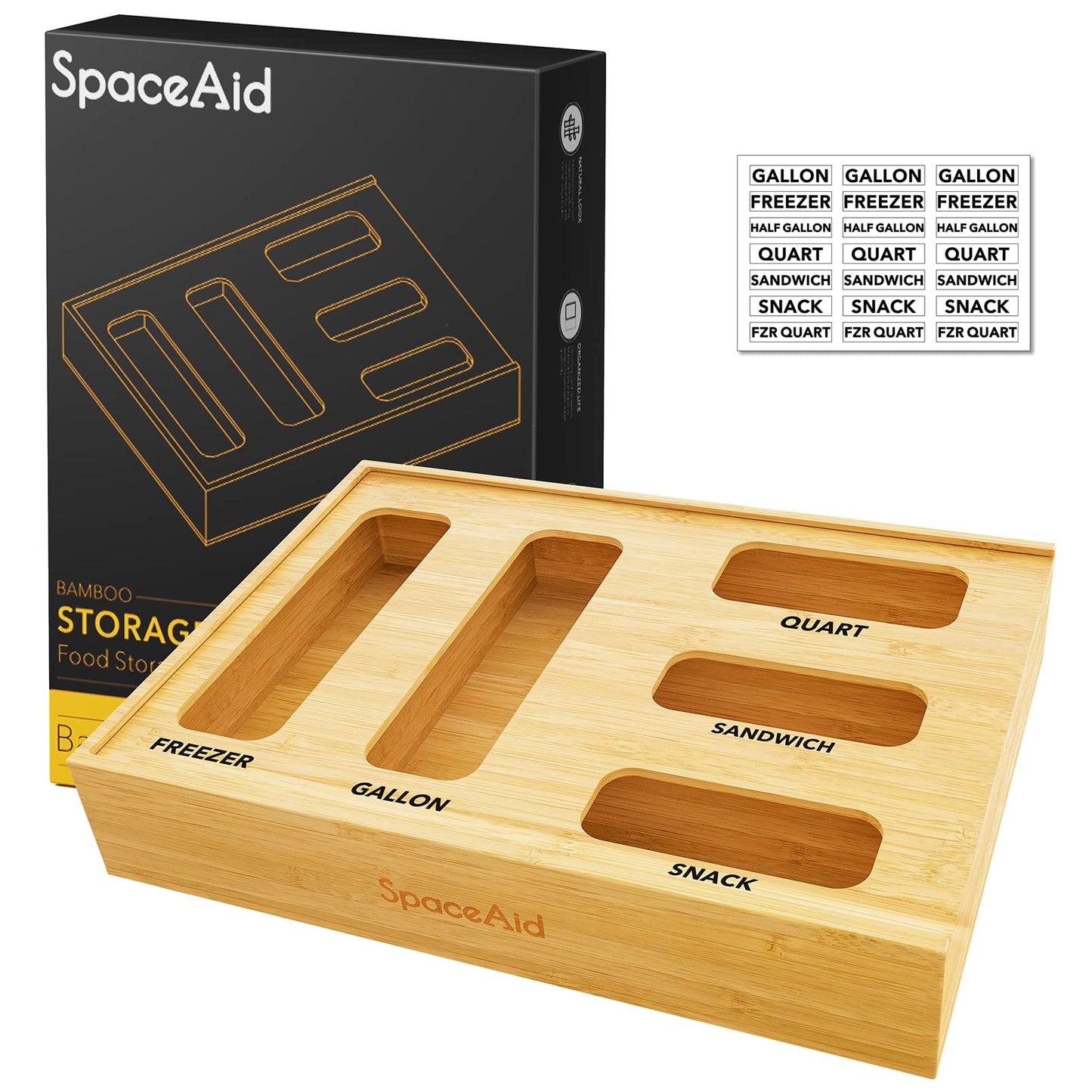 SpaceAid Bag Storage Organizer for Kitchen Drawer, Bamboo Organizer, Compatible with Gallon, Quart, Sandwich and Snack Variety Size Bag (1 Box 4 Slots)
