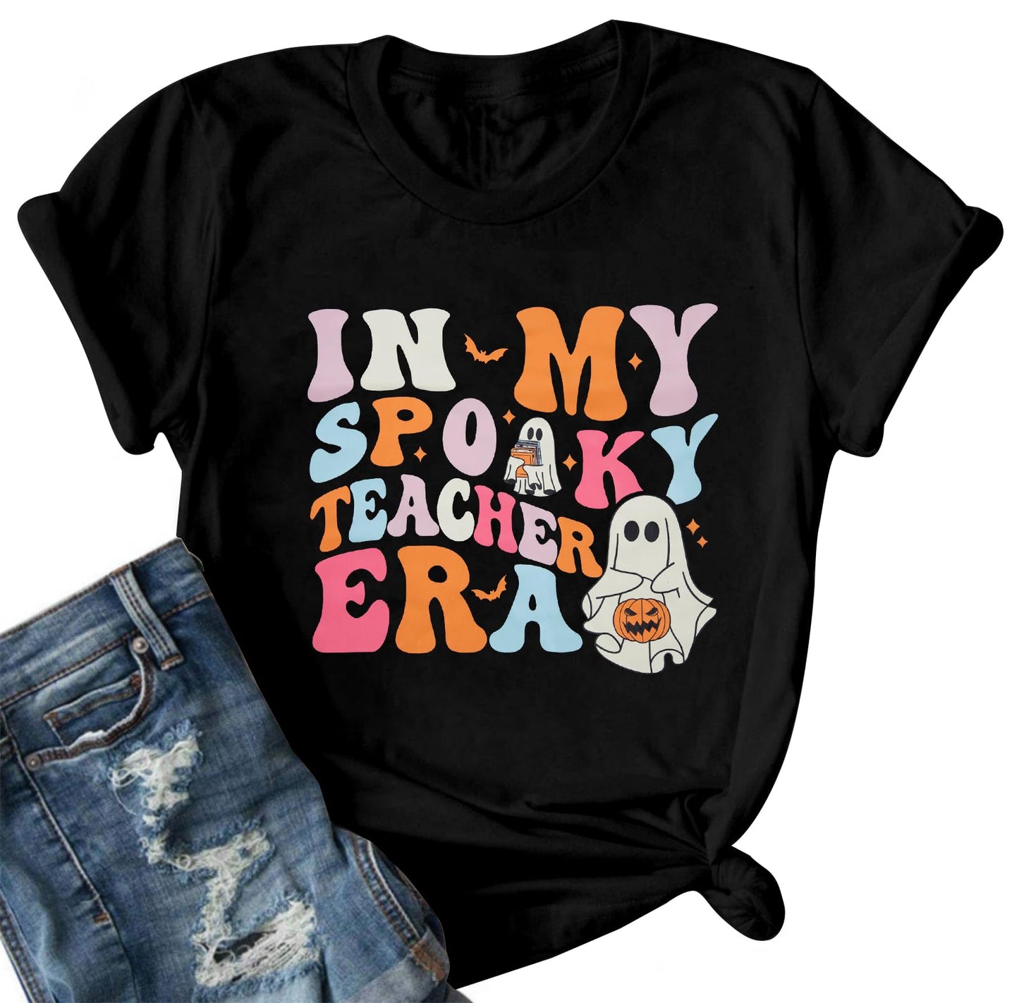 Halloween Teacher Shirt Women Spooky Teacher T-Shirt Teacher Life Tee Halloween Season Long Sleeve Tops