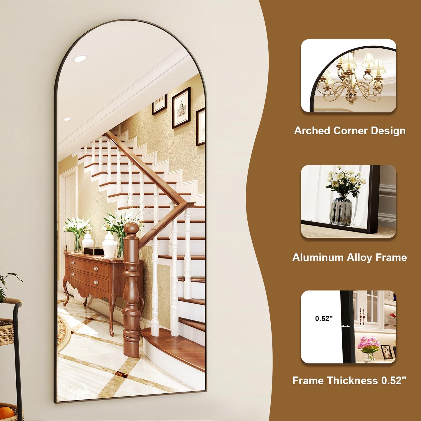 HARRITPURE 64"x21" Arched Full Length Mirror Free Standing Leaning Mirror Hanging Mounted Mirror Aluminum Frame Modern Simple Home Decor for Living Room Bedroom Cloakroom, Gold