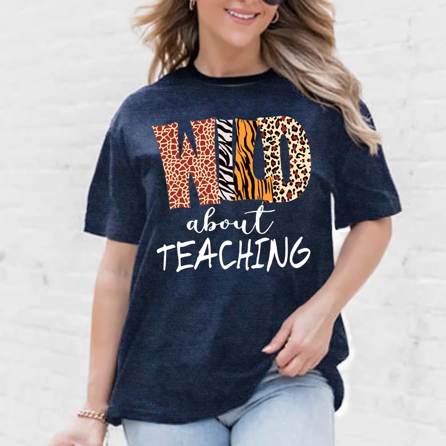 Womens Teacher Shirts Wild About Teaching Leopard Print T-Shirt Teacher Life Tee Top