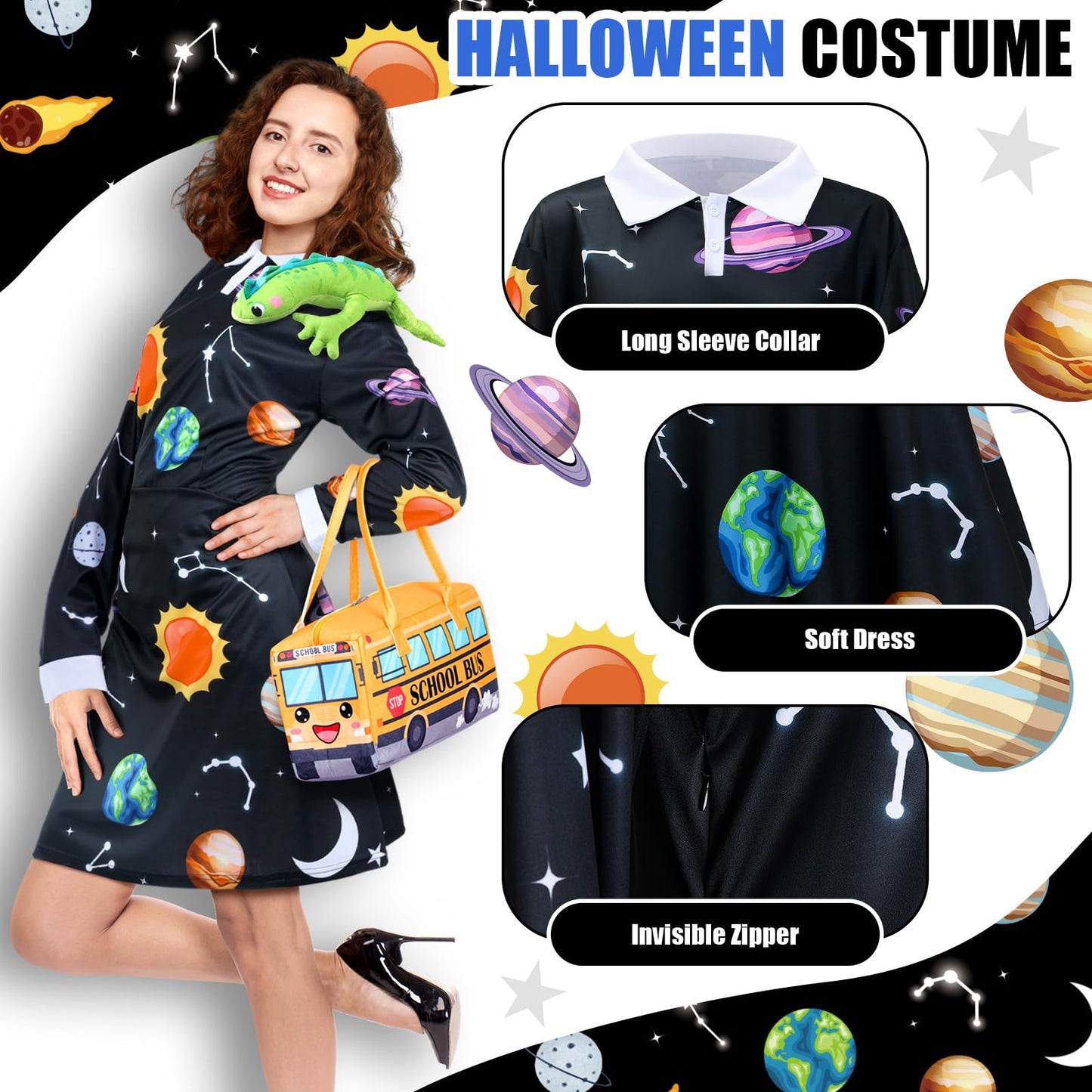 ramede 3 Pcs Women Halloween Teacher Costume Set Vintage Long Sleeve Dress with School Bus Bag for Halloween Role Play Party