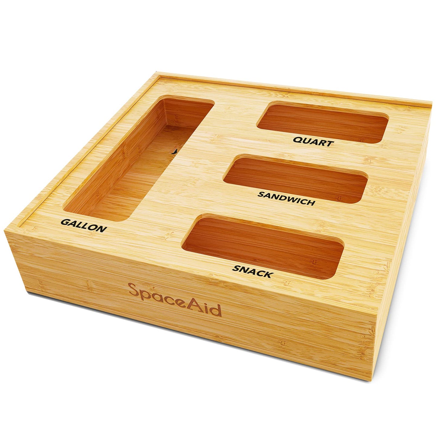 SpaceAid Bag Storage Organizer for Kitchen Drawer, Bamboo Organizer, Compatible with Gallon, Quart, Sandwich and Snack Variety Size Bag (1 Box 4 Slots)