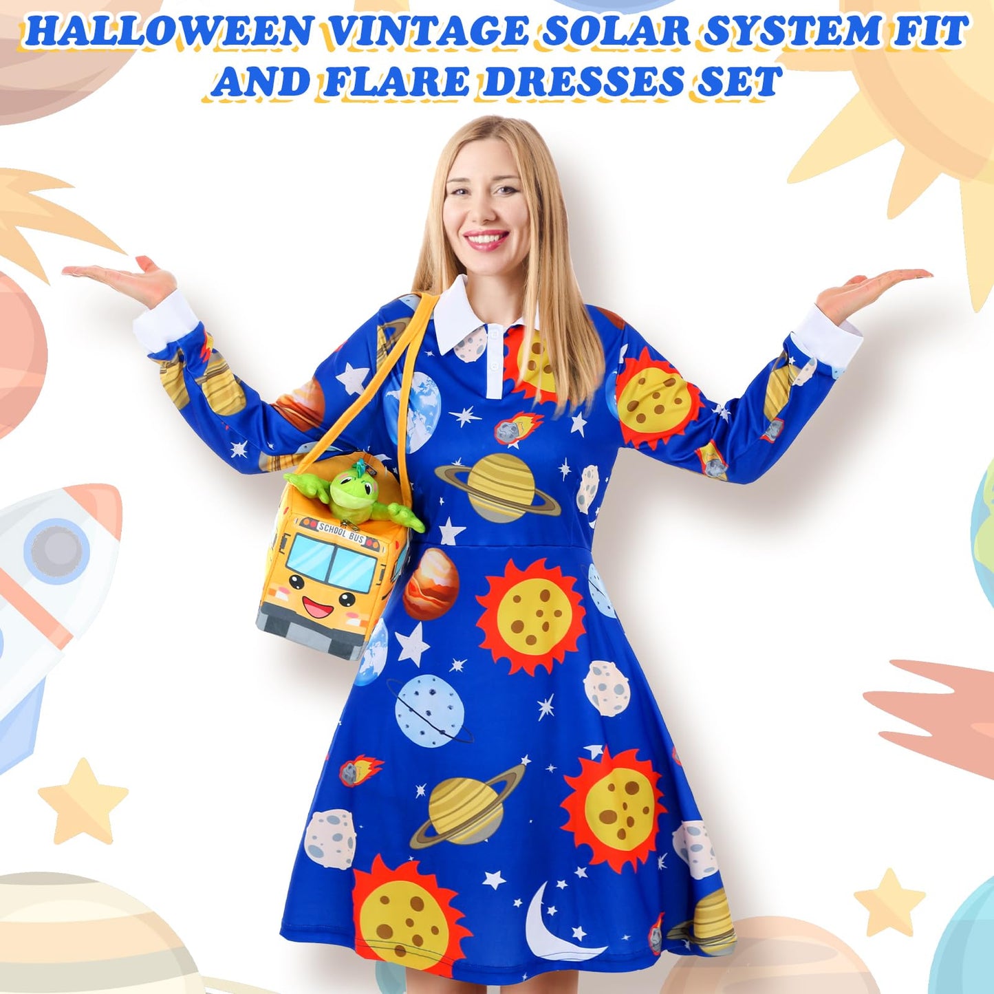 ramede 3 Pcs Women Halloween Teacher Costume Set Vintage Long Sleeve Dress with School Bus Bag for Halloween Role Play Party