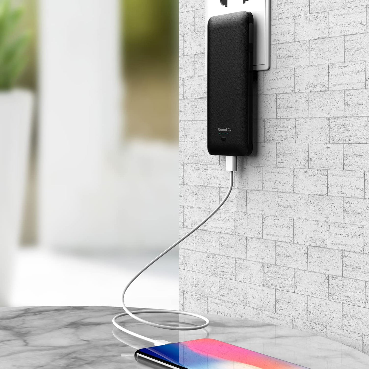 Q 10000mAh Power Bank, Slim Portable Charger,4 Output External Battery Pack with Built-in AC Wall Plug Micro USB C Three Cables Compatible with iPhone Android Phone Smart Watch