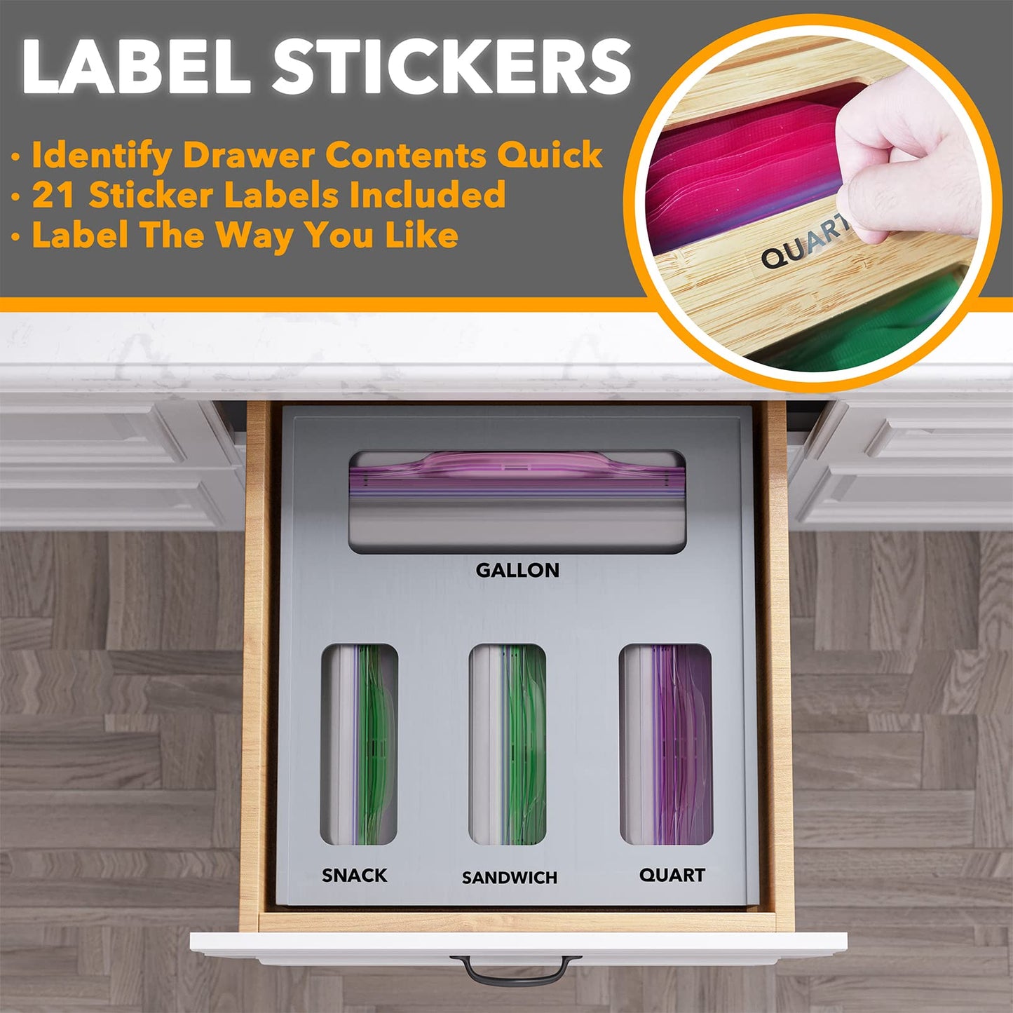 SpaceAid Bag Storage Organizer for Kitchen Drawer, Bamboo Organizer, Compatible with Gallon, Quart, Sandwich and Snack Variety Size Bag (1 Box 4 Slots)