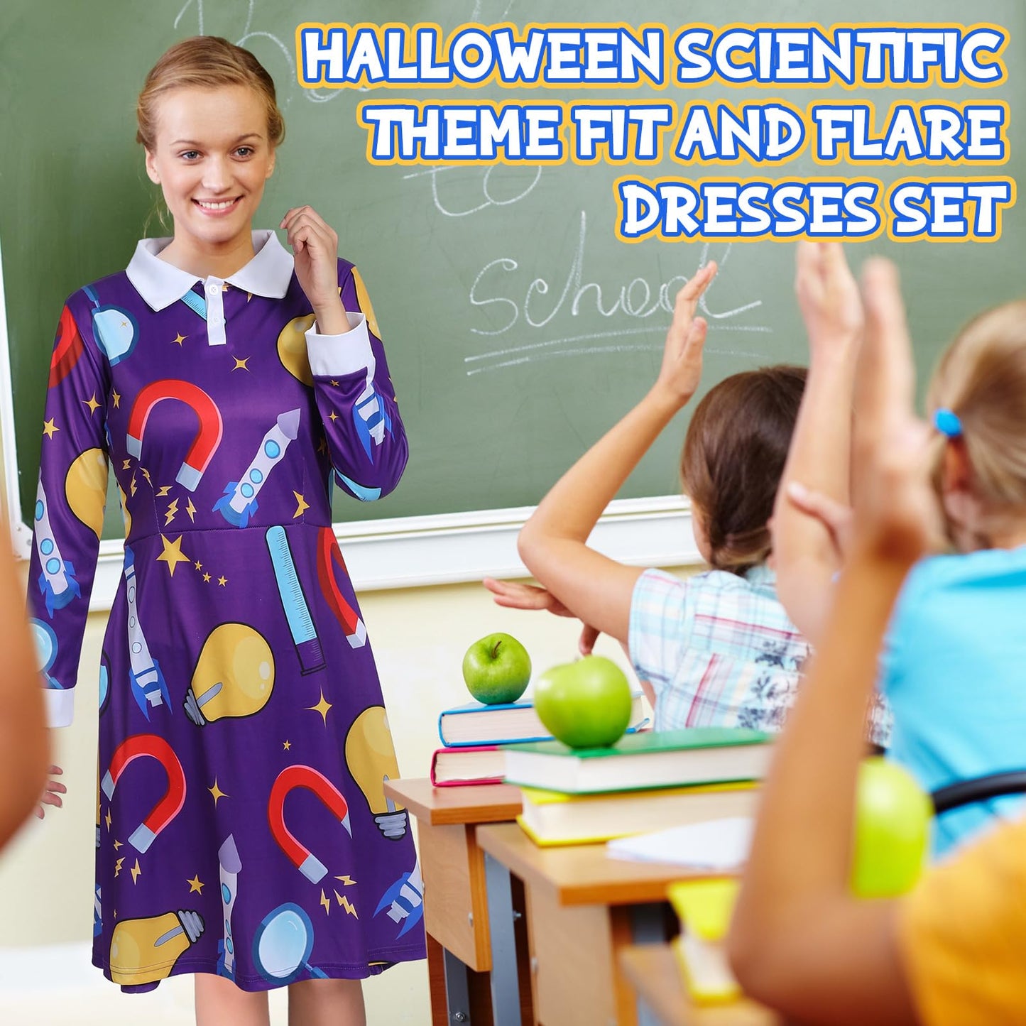 ramede 3 Pcs Women Halloween Teacher Costume Set Vintage Long Sleeve Dress with School Bus Bag for Halloween Role Play Party