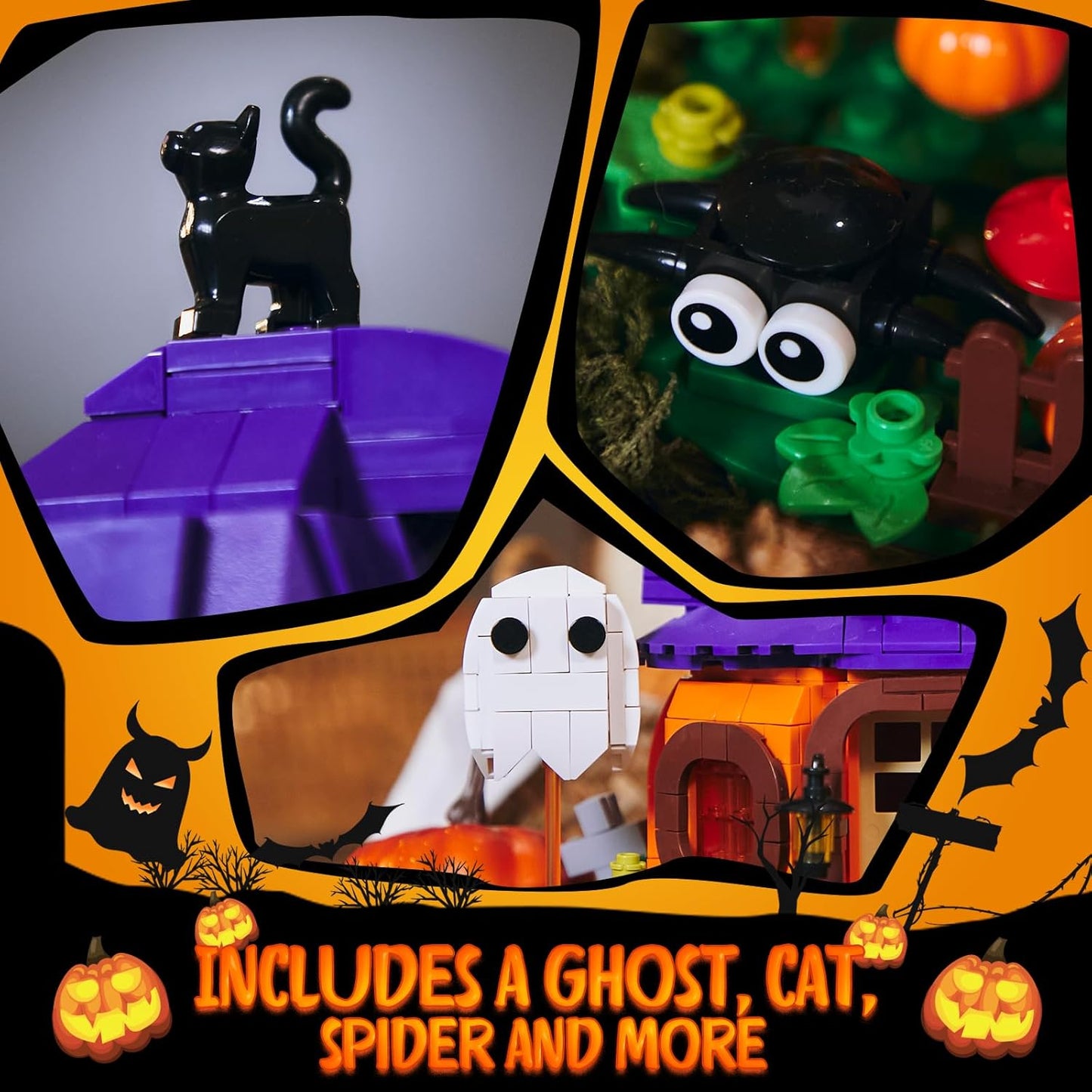 Halloween Pumpkin House Building Kit, Whimsical Halloween Building Set Décor with Adorable Ghost and Pumpkin Toys, Cute Halloween Party Gift, Halloween Building Bricks Compatible with Lego