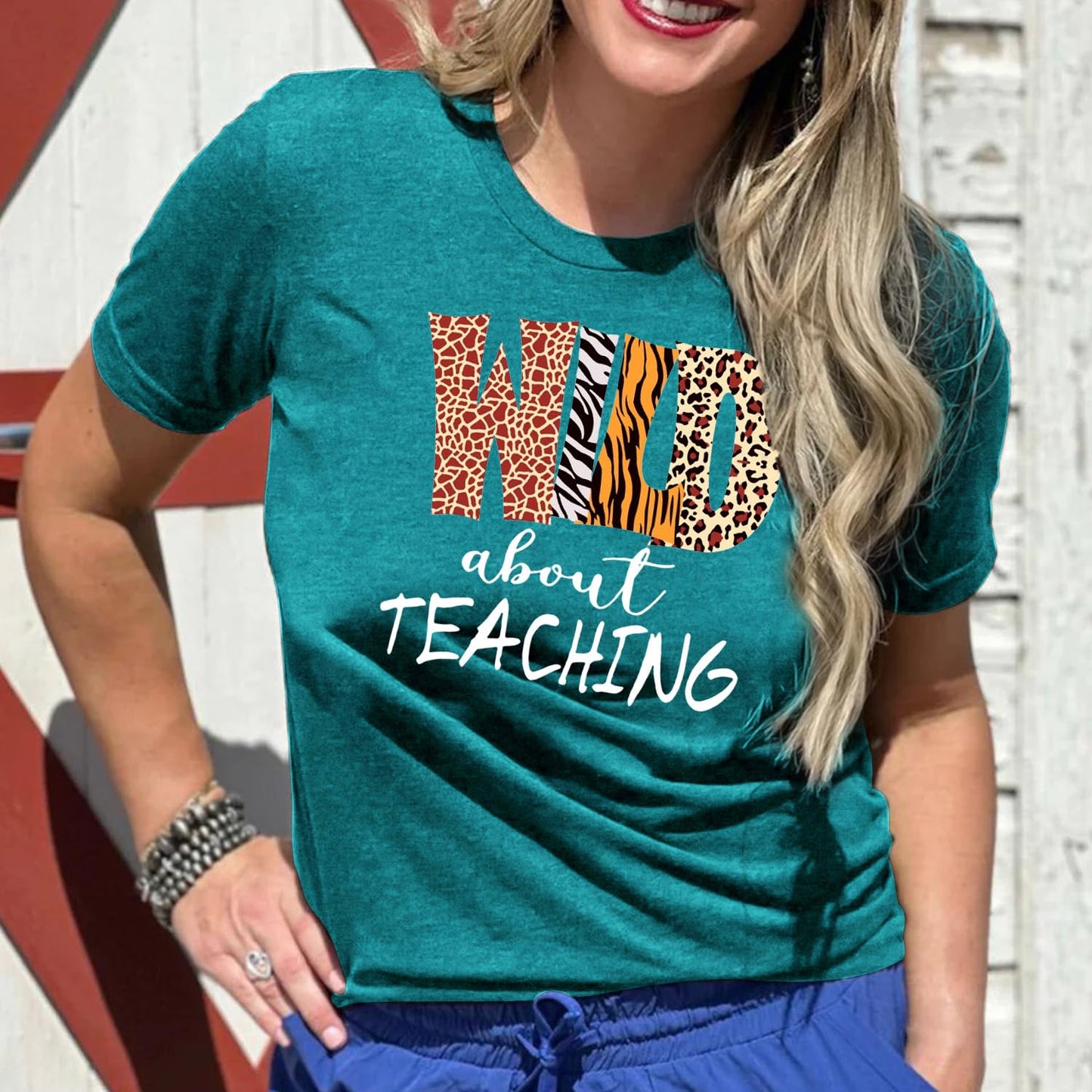 Womens Teacher Shirts Wild About Teaching Leopard Print T-Shirt Teacher Life Tee Top
