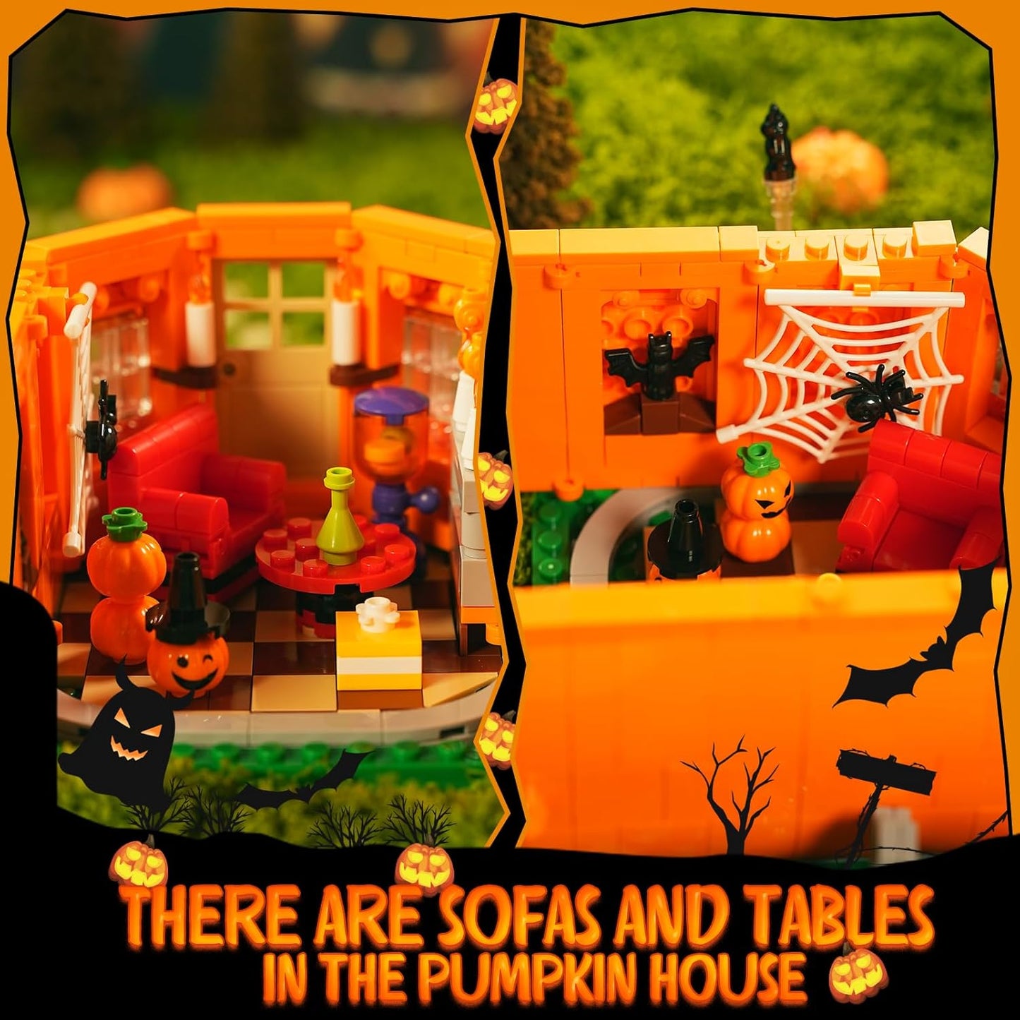 Halloween Pumpkin House Building Kit, Whimsical Halloween Building Set Décor with Adorable Ghost and Pumpkin Toys, Cute Halloween Party Gift, Halloween Building Bricks Compatible with Lego