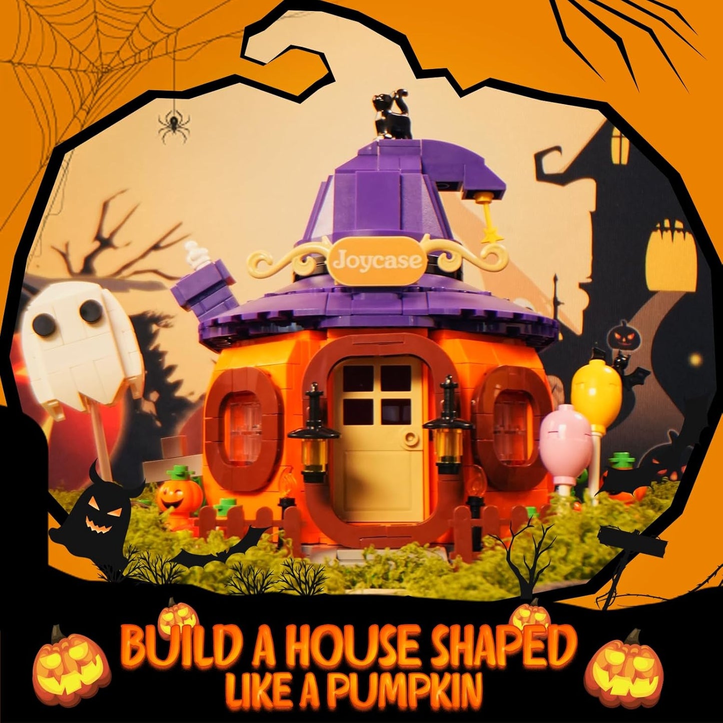 Halloween Pumpkin House Building Kit, Whimsical Halloween Building Set Décor with Adorable Ghost and Pumpkin Toys, Cute Halloween Party Gift, Halloween Building Bricks Compatible with Lego