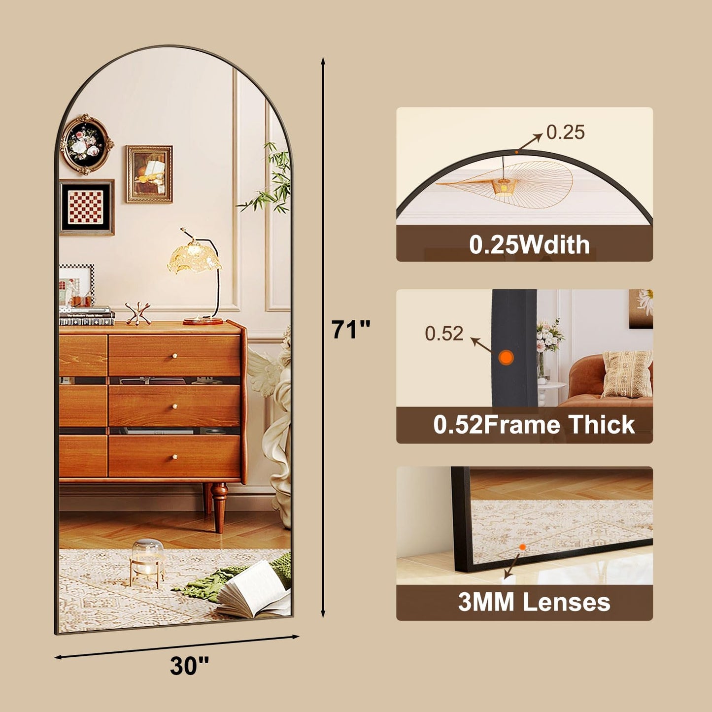 HARRITPURE 64"x21" Arched Full Length Mirror Free Standing Leaning Mirror Hanging Mounted Mirror Aluminum Frame Modern Simple Home Decor for Living Room Bedroom Cloakroom, Gold
