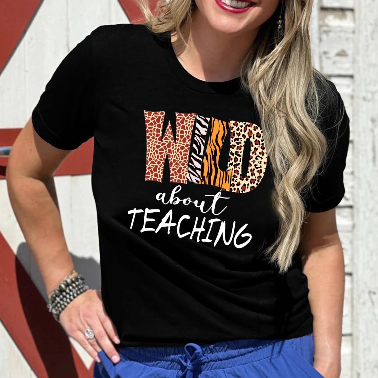 Womens Teacher Shirts Wild About Teaching Leopard Print T-Shirt Teacher Life Tee Top