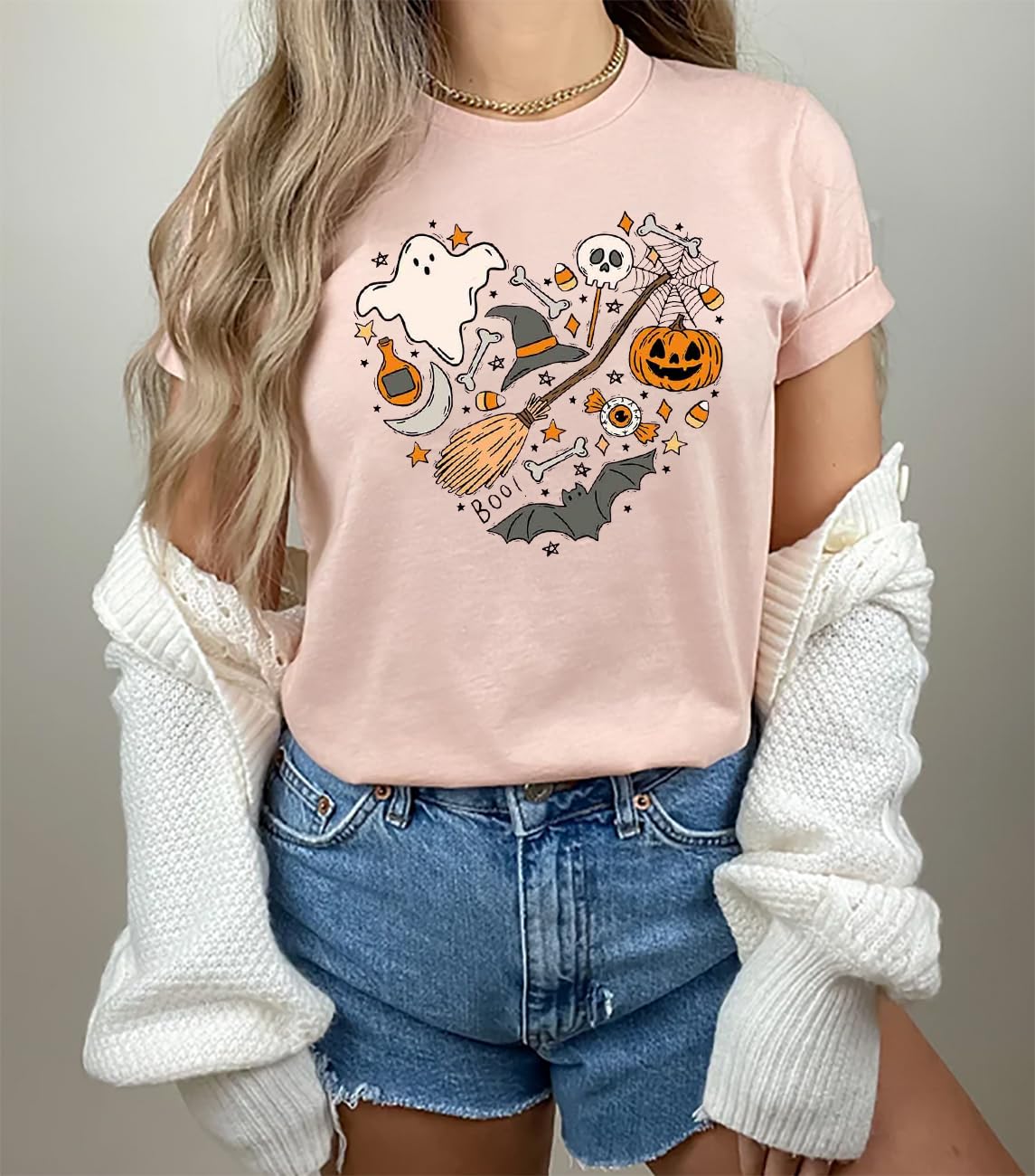 Halloween Doodles Shirt for Women Cute Vintage Graphic Halloween Party Tshirt Short Sleeve Fall Season Tees