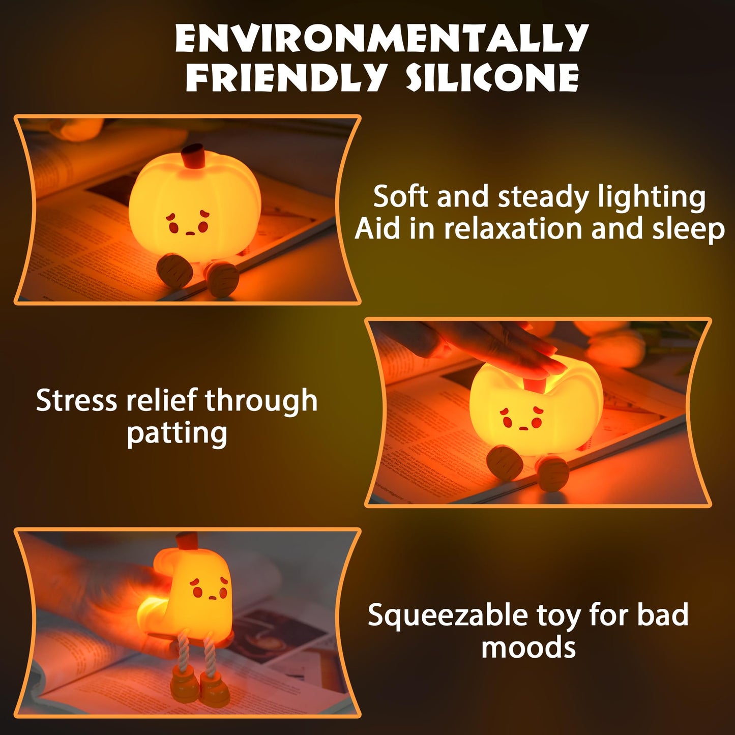 Pumpkin Night Light, Cute LED Lamp, Silicone Dimmable Nursery Nightlight for Kids, Silicone Rechargeable Bedside Touch Lamp, Funny Office Desk and Halloween Decor for Woman and Kids