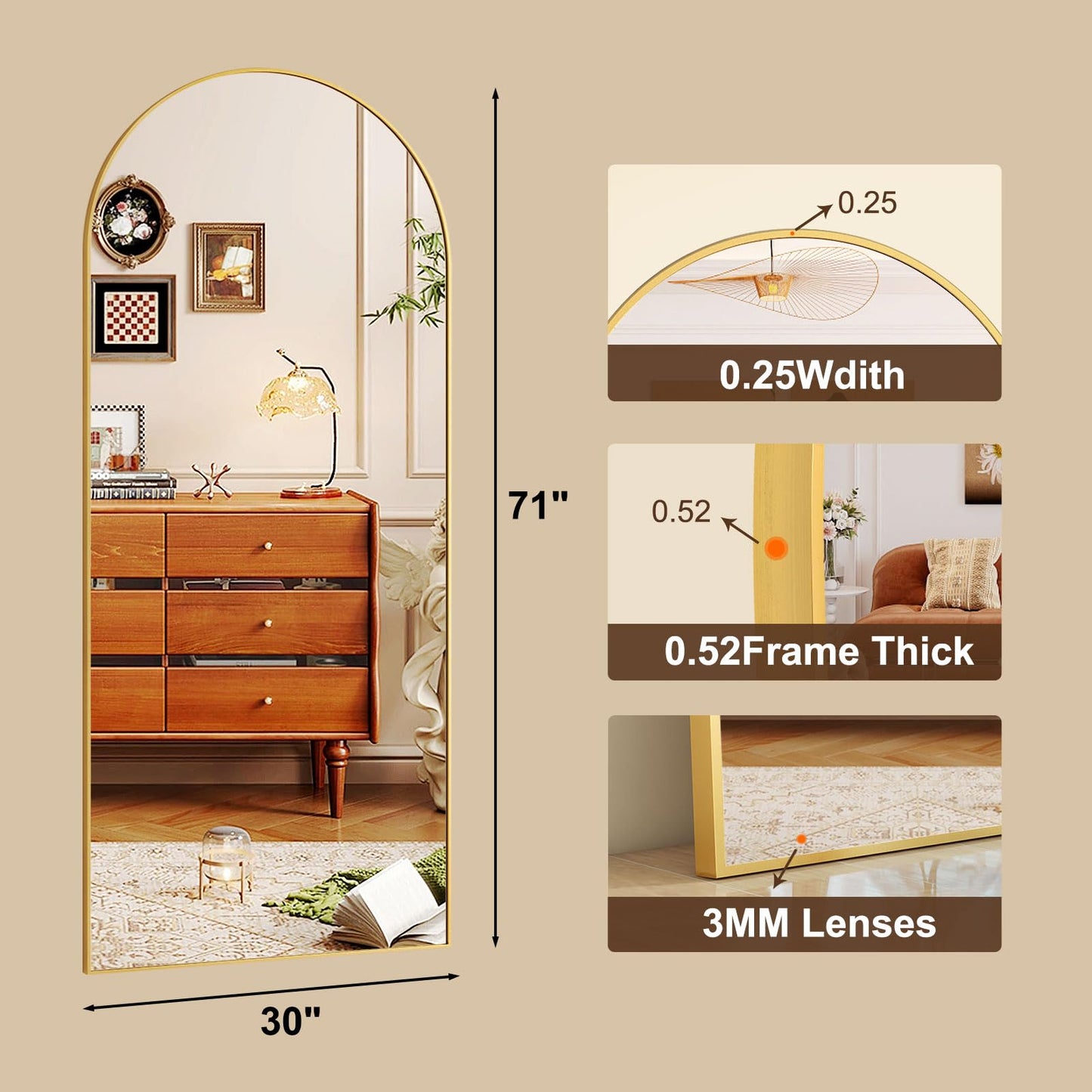 HARRITPURE 64"x21" Arched Full Length Mirror Free Standing Leaning Mirror Hanging Mounted Mirror Aluminum Frame Modern Simple Home Decor for Living Room Bedroom Cloakroom, Gold