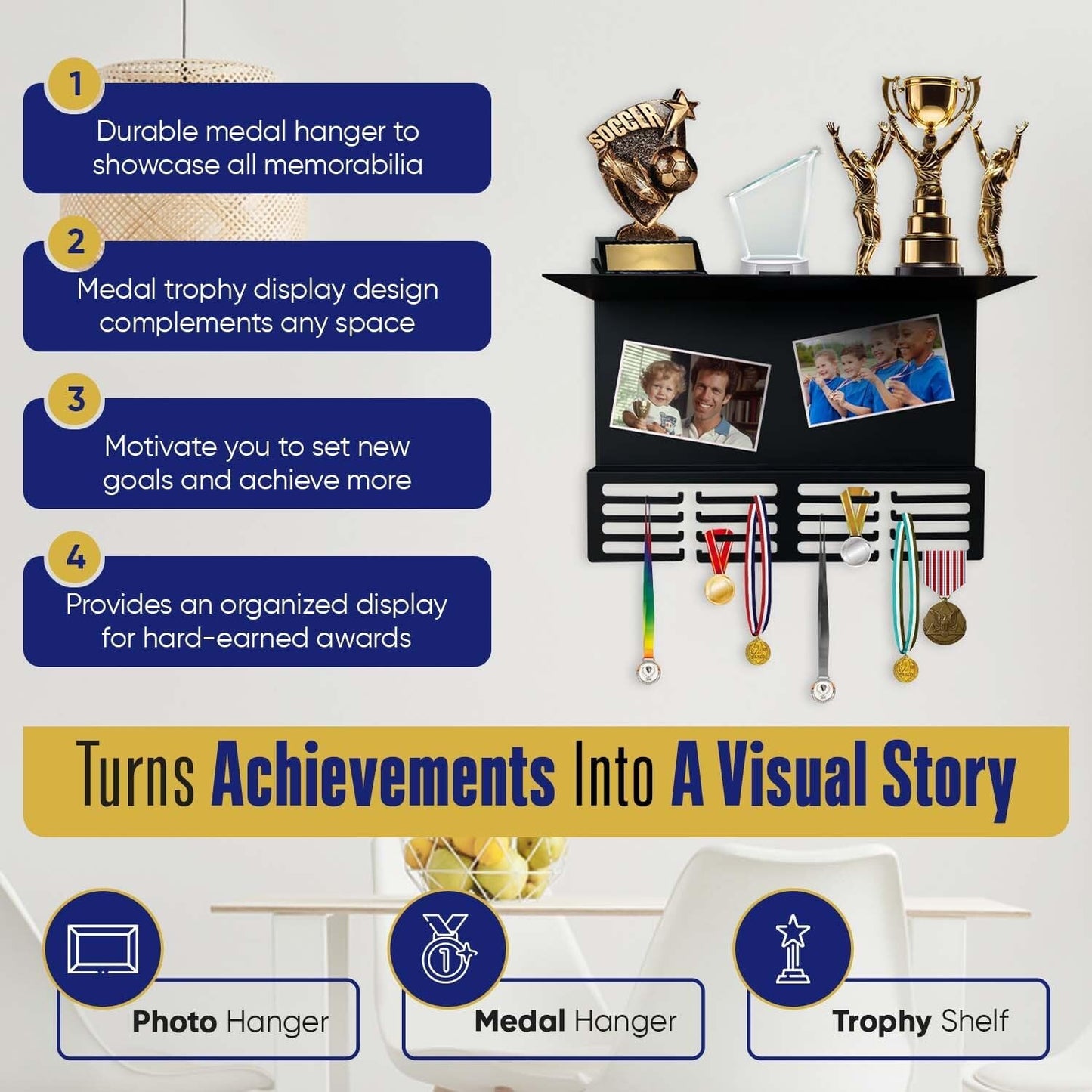 Medal Hanger Display with Trophy Shelf | 16.5" Premium Medal Holder for Wall | Metal Display Hanger | Magnetic Photo and Memorabilia Medals Display Area | Kids Medal Display for 48+ | Perfect for Gift
