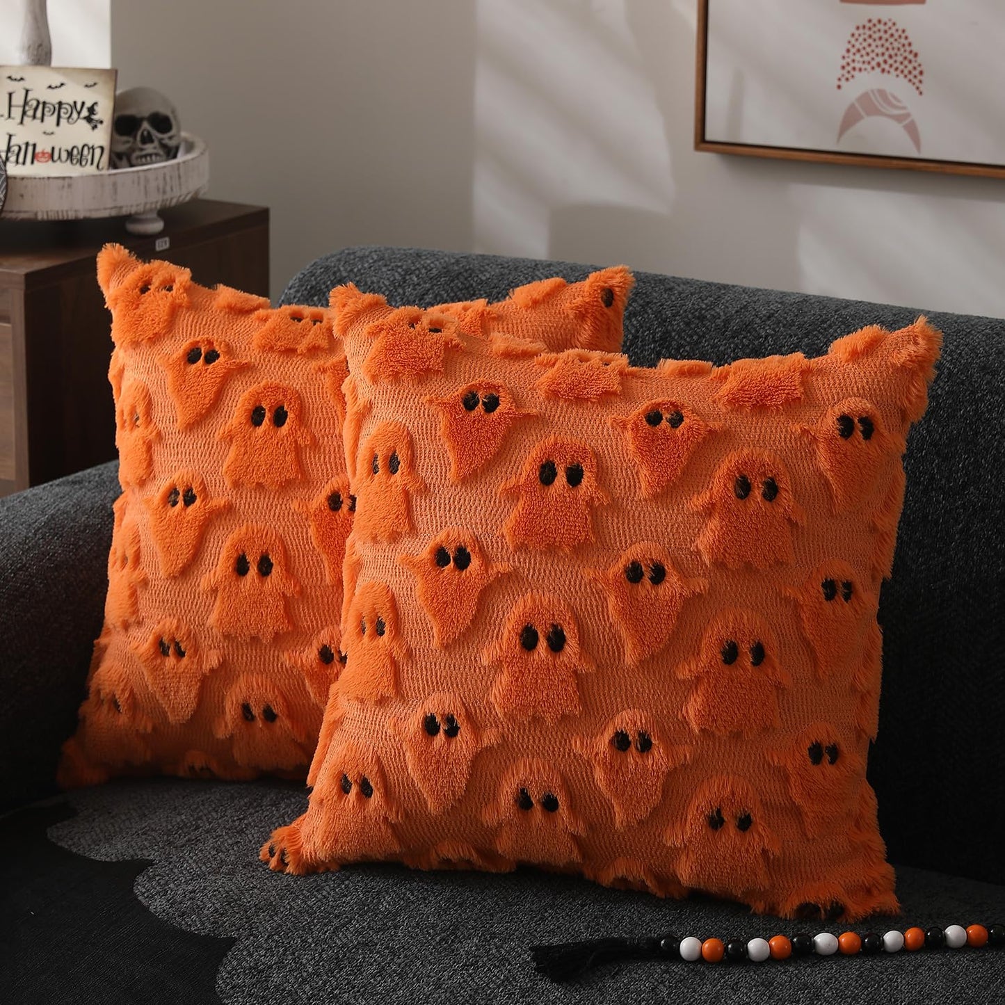 DFXSZ Halloween Pillow Covers 18x18 inch Set of 2 White Ghost Throw Pillow Cases Soft Plush Faux Fur Wool Couch Cushion Case for Chair Sofa Bedroom Living Room Home Decor PTK03A18