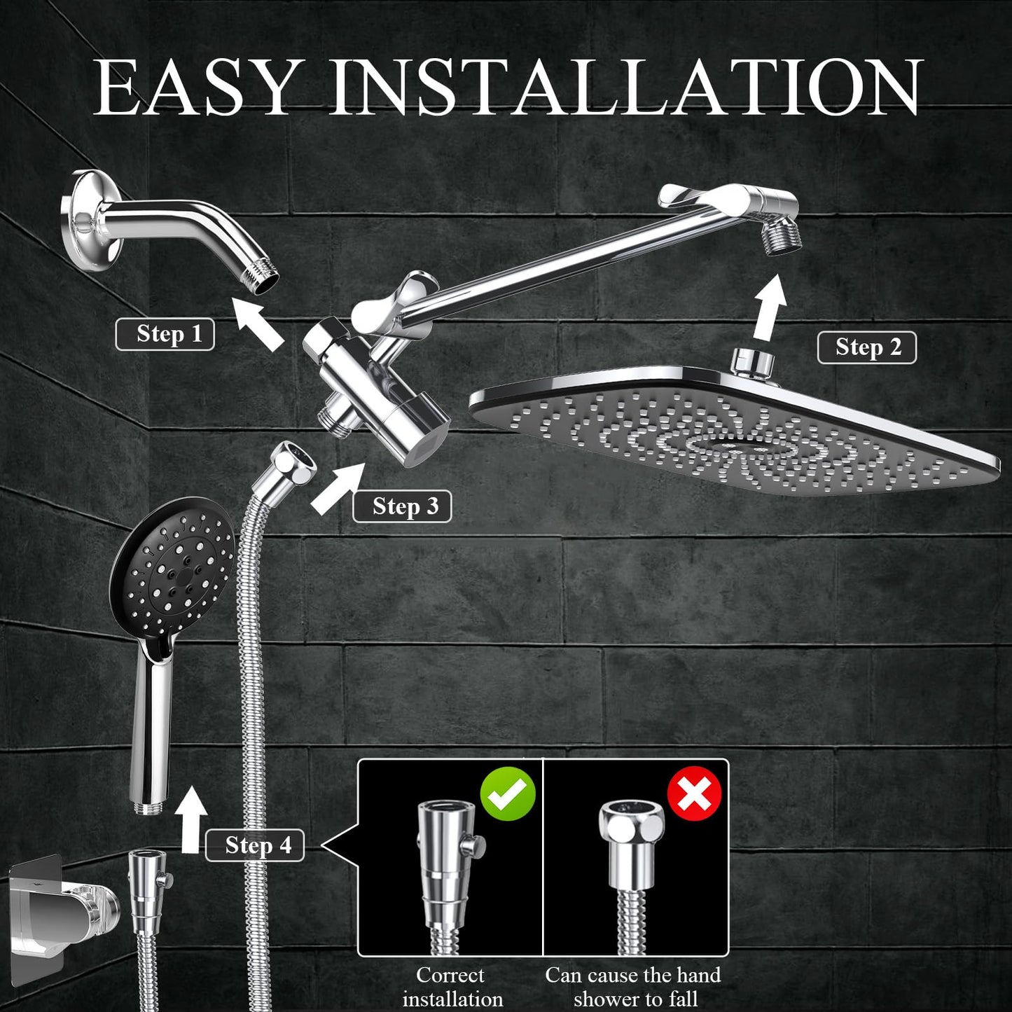 Veken 11.8 Inch Rectangle High Pressure Rain Shower Head Combo with Extension Arm- Wide Showerhead with 5 Handheld Water Spray - Adjustable Dual Showerhead with Anti-Clog Nozzles - Silver Chrome
