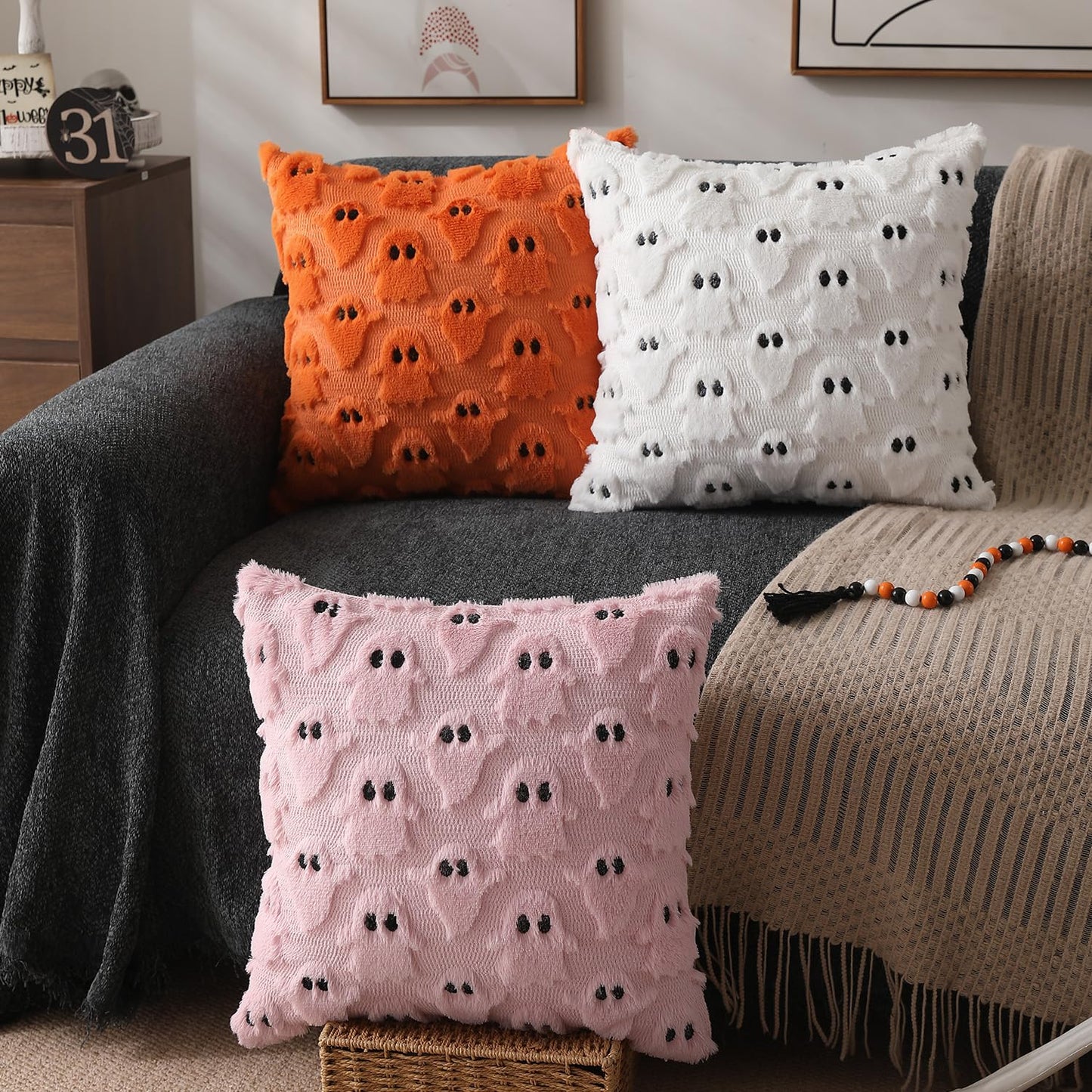 DFXSZ Halloween Pillow Covers 18x18 inch Set of 2 White Ghost Throw Pillow Cases Soft Plush Faux Fur Wool Couch Cushion Case for Chair Sofa Bedroom Living Room Home Decor PTK03A18