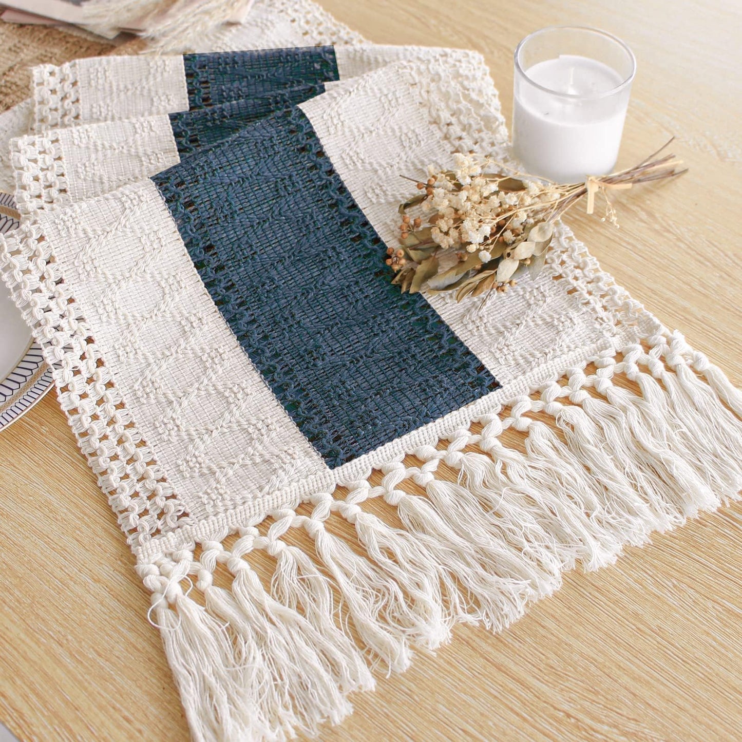 FEXIA Thanksgiving Table Runner for Home Decor with Tassels 72 Inches Long Farmhouse Rustic Boho Table Runner Macrame Burlap Fall Table Decoration for Living Room Bridal Shower(12x72 Inches)