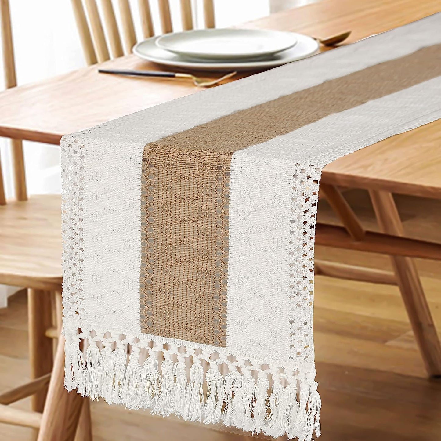 FEXIA Thanksgiving Table Runner for Home Decor with Tassels 72 Inches Long Farmhouse Rustic Boho Table Runner Macrame Burlap Fall Table Decoration for Living Room Bridal Shower(12x72 Inches)