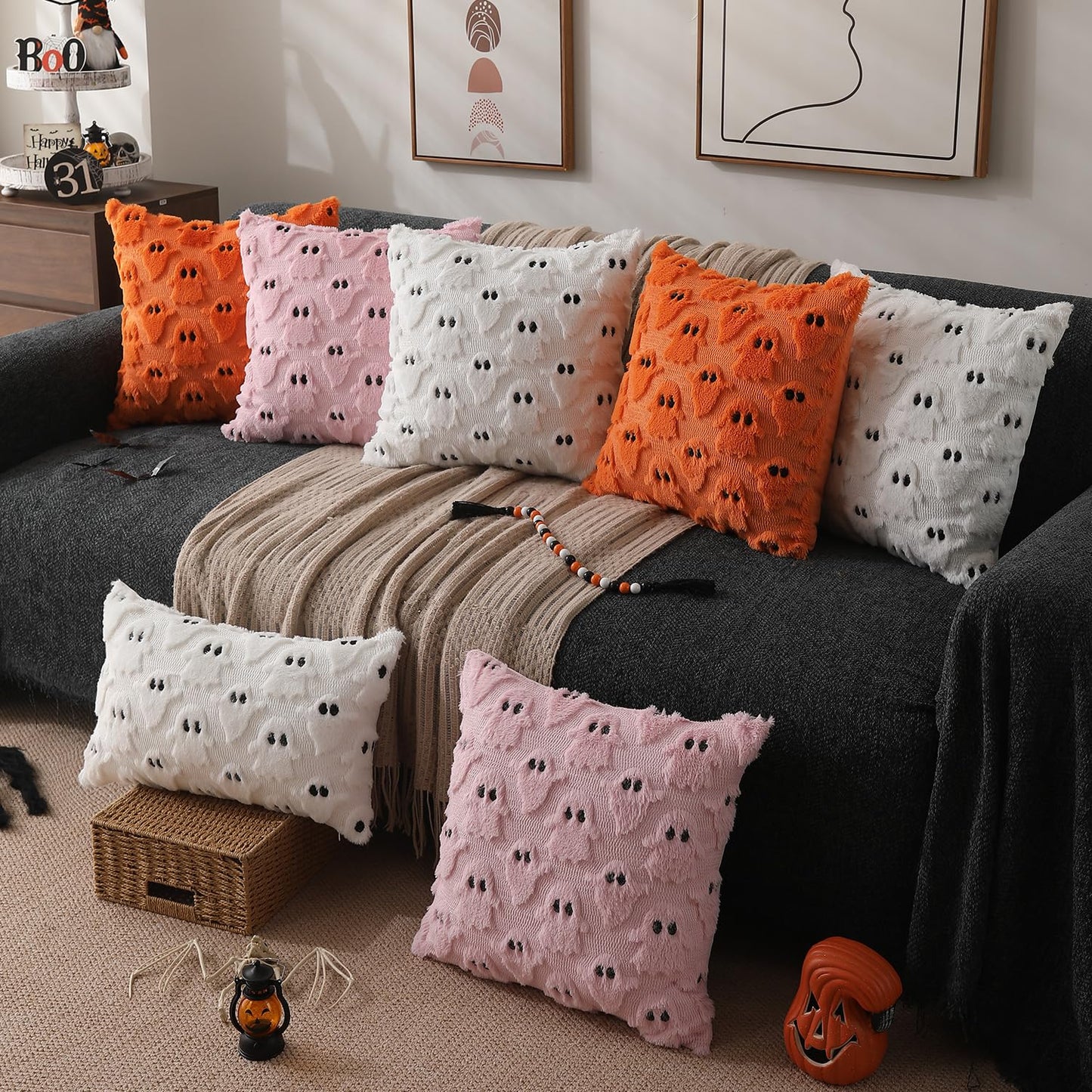 DFXSZ Halloween Pillow Covers 18x18 inch Set of 2 White Ghost Throw Pillow Cases Soft Plush Faux Fur Wool Couch Cushion Case for Chair Sofa Bedroom Living Room Home Decor PTK03A18