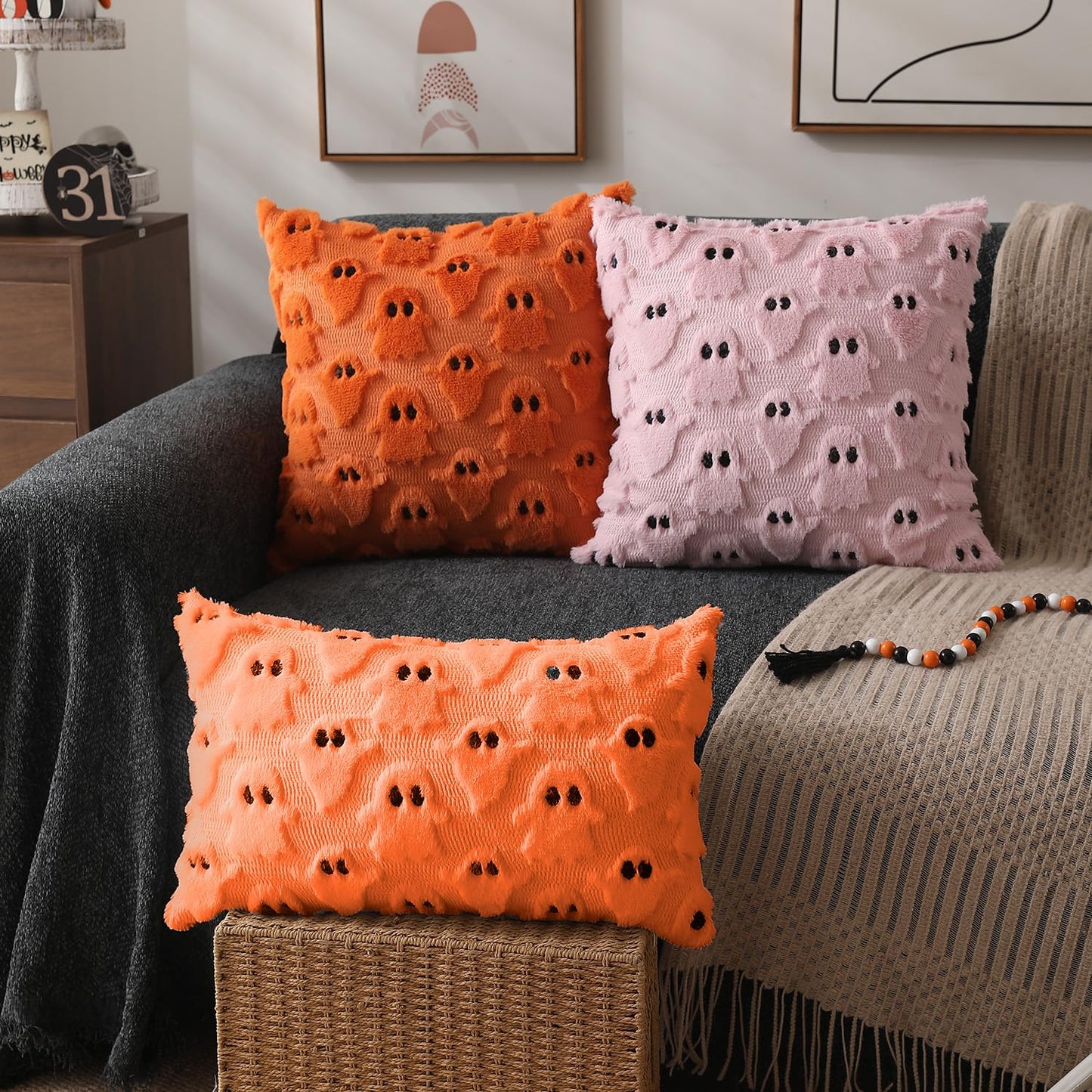 DFXSZ Halloween Pillow Covers 18x18 inch Set of 2 White Ghost Throw Pillow Cases Soft Plush Faux Fur Wool Couch Cushion Case for Chair Sofa Bedroom Living Room Home Decor PTK03A18
