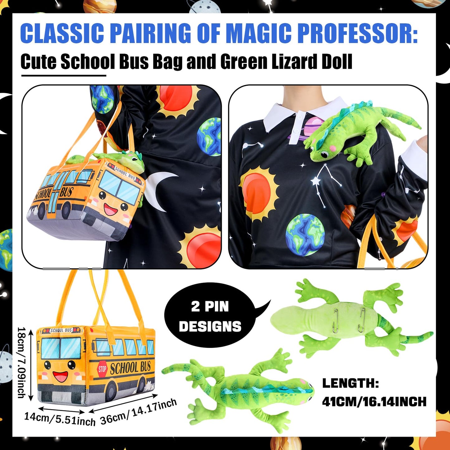 ramede 3 Pcs Women Halloween Teacher Costume Set Vintage Long Sleeve Dress with School Bus Bag for Halloween Role Play Party