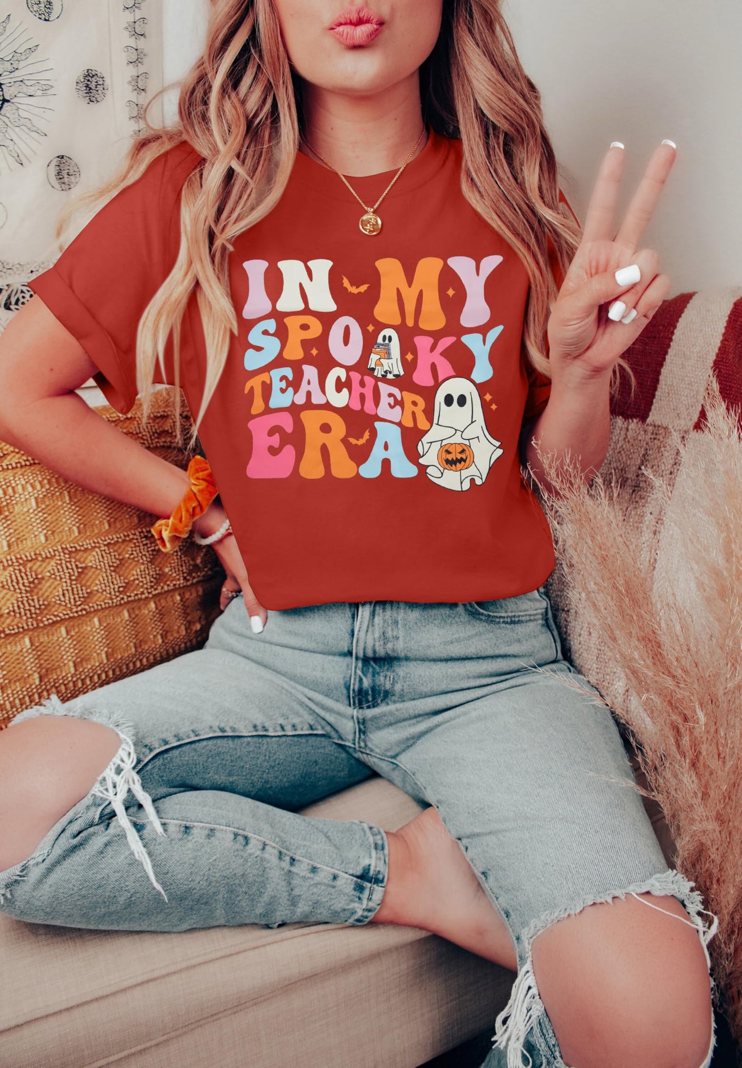 Halloween Teacher Shirt Women Spooky Teacher T-Shirt Teacher Life Tee Halloween Season Long Sleeve Tops