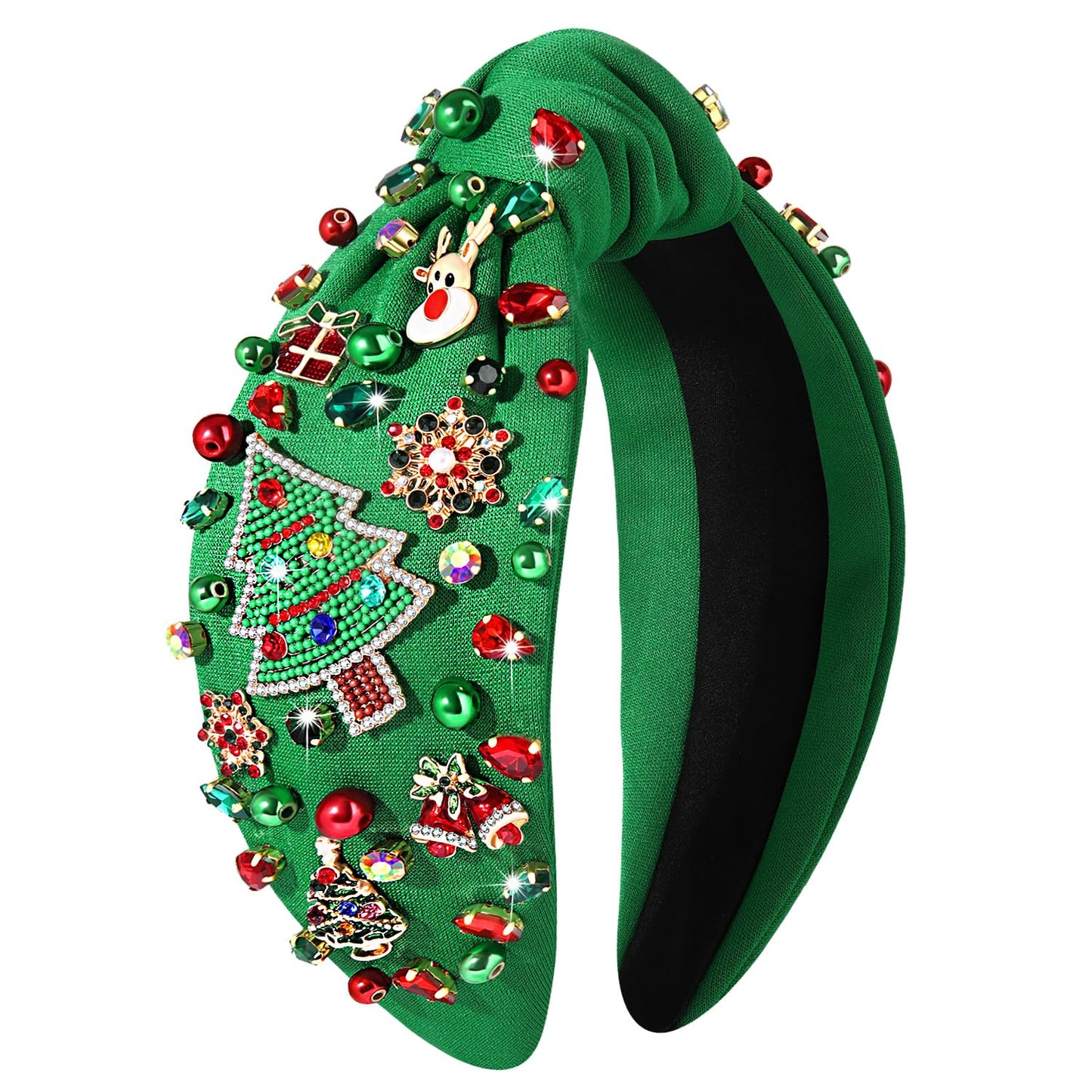 NVENF Jeweled Plaid Headband with Embellished Crystals and Pearls - Knotted Wide Top Knot Hair Accessory for Women, Holiday Outfits & Gifts