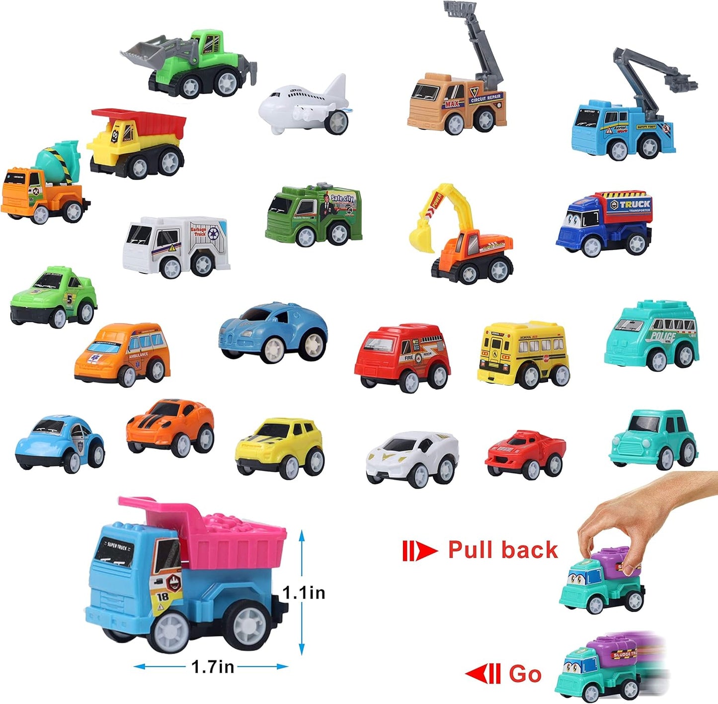 Juegoal Cars Advent Calendar 2024 for Kids, Stocking Stuffer Toy Cars with 24 Different Pull Back Vehicles Including Construction Vehicles, Race Cars, Perfect for Boys and Girls