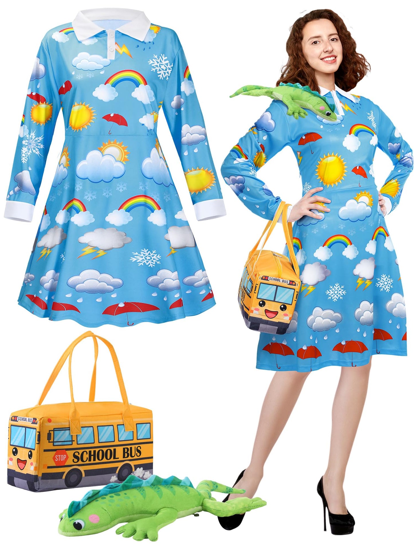 ramede 3 Pcs Women Halloween Teacher Costume Set Vintage Long Sleeve Dress with School Bus Bag for Halloween Role Play Party