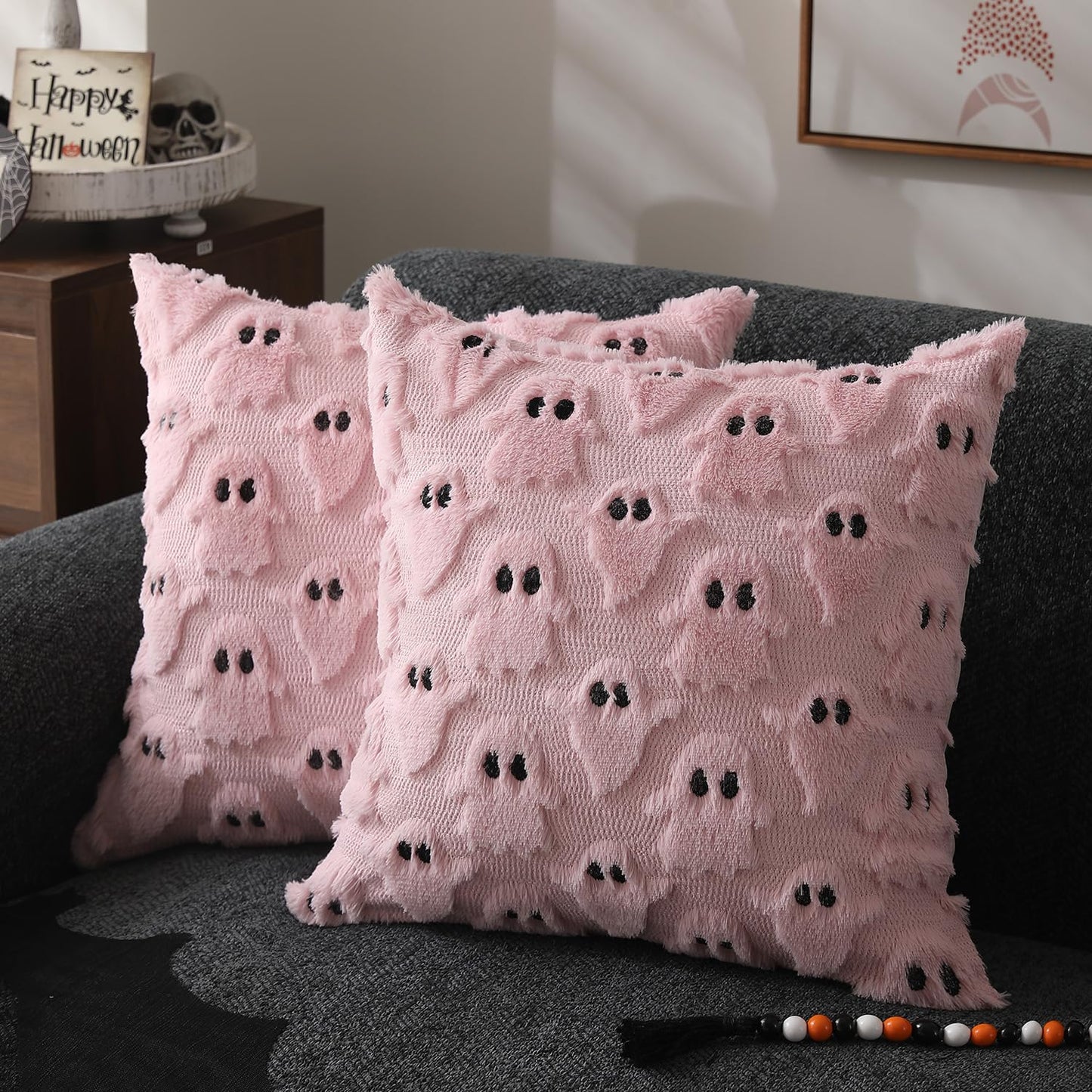 DFXSZ Halloween Pillow Covers 18x18 inch Set of 2 White Ghost Throw Pillow Cases Soft Plush Faux Fur Wool Couch Cushion Case for Chair Sofa Bedroom Living Room Home Decor PTK03A18