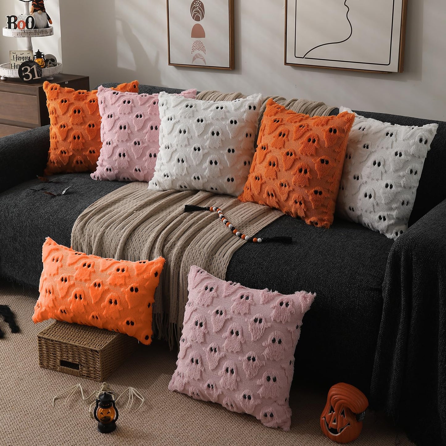 DFXSZ Halloween Pillow Covers 18x18 inch Set of 2 White Ghost Throw Pillow Cases Soft Plush Faux Fur Wool Couch Cushion Case for Chair Sofa Bedroom Living Room Home Decor PTK03A18