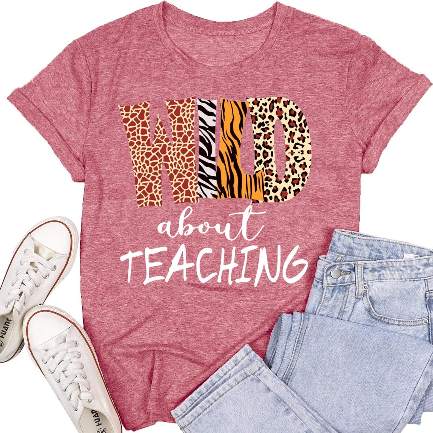 Womens Teacher Shirts Wild About Teaching Leopard Print T-Shirt Teacher Life Tee Top