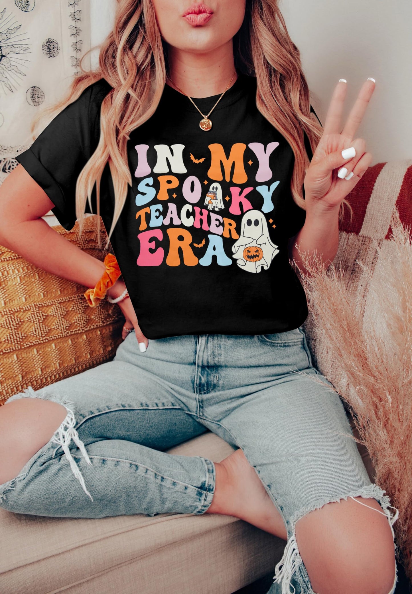 Halloween Teacher Shirt Women Spooky Teacher T-Shirt Teacher Life Tee Halloween Season Long Sleeve Tops