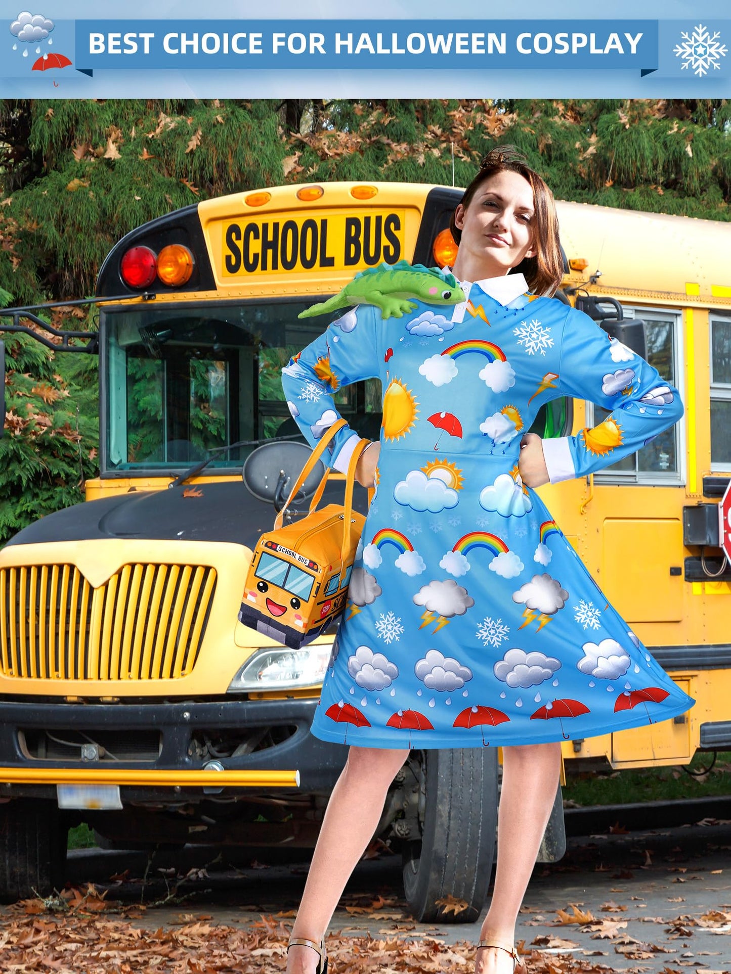 ramede 3 Pcs Women Halloween Teacher Costume Set Vintage Long Sleeve Dress with School Bus Bag for Halloween Role Play Party